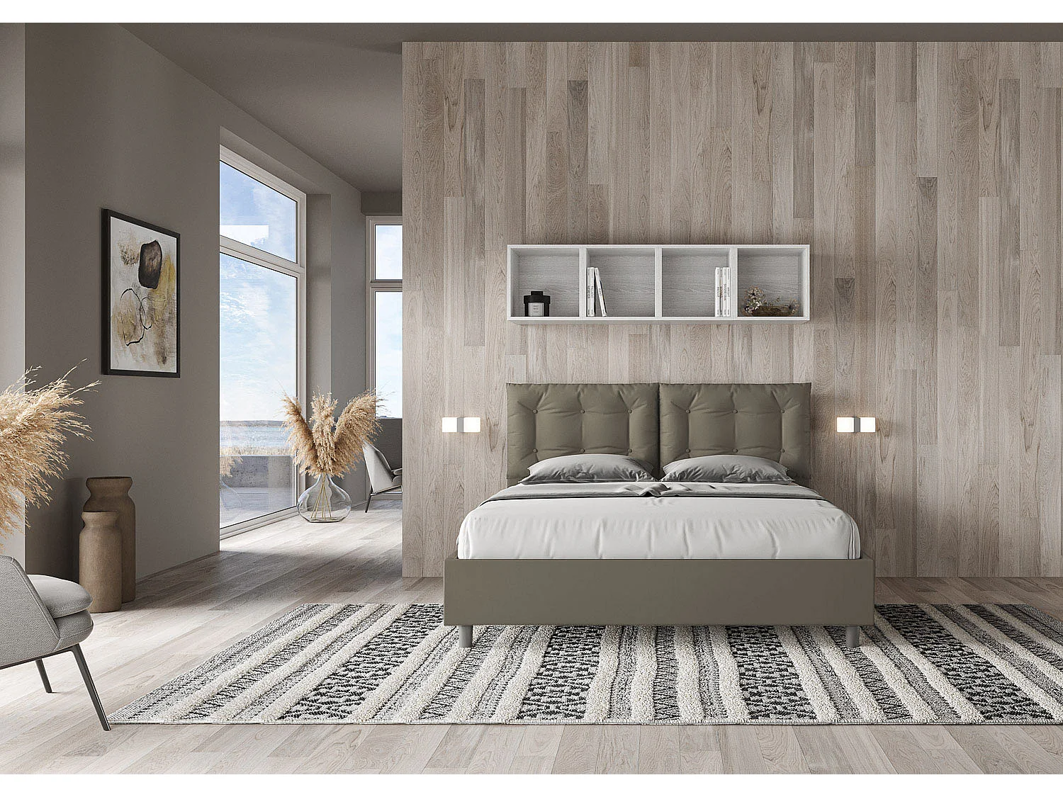 Letto contenitore doppia alzata imbottito 160x200 similpelle cappuccino Annalisa