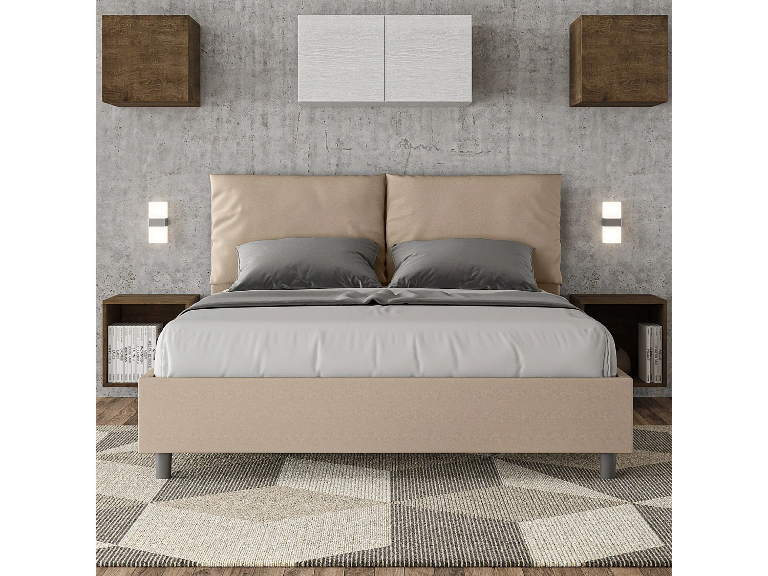 Letto contenitore doppia alzata imbottito 160x210 similpelle tortora Antea