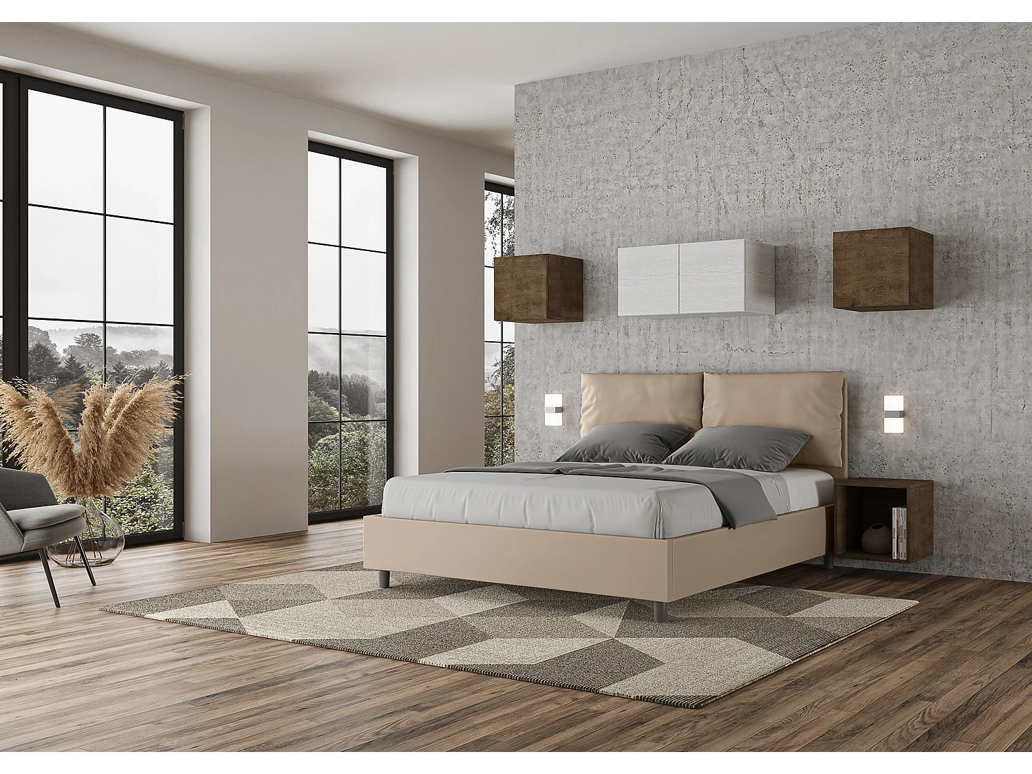 Letto contenitore doppia alzata imbottito 160x210 similpelle tortora Antea