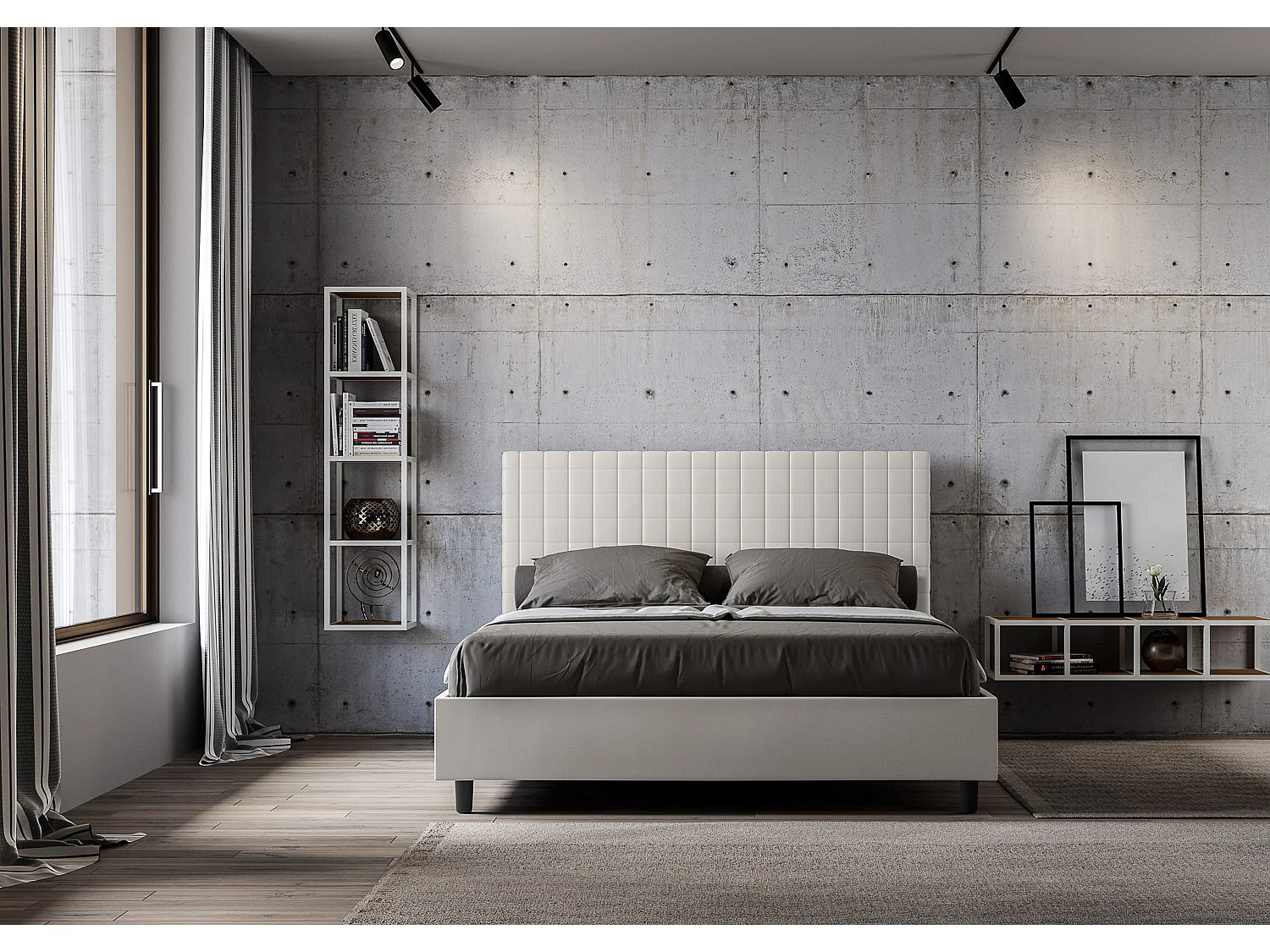 Letto contenitore doppia alzata imbottito 160x210 similpelle bianco Sunny