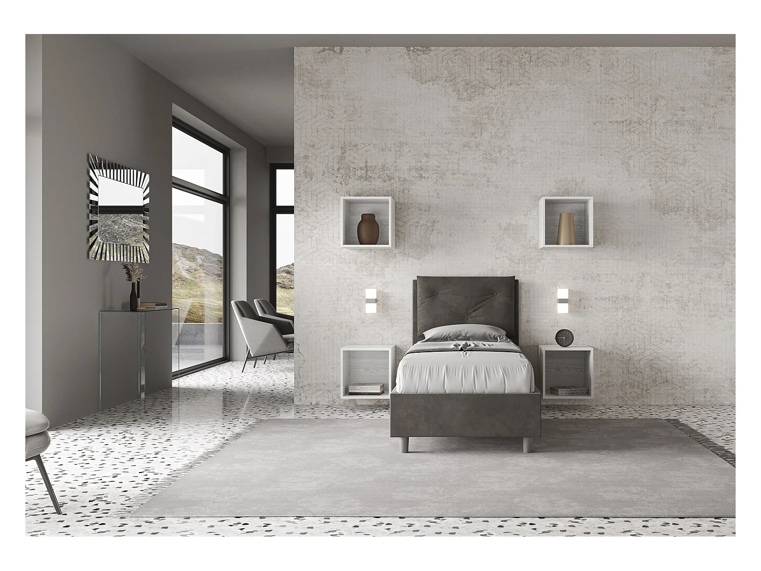 Lit coffre capitonné 90x210 Appia microfibre gris