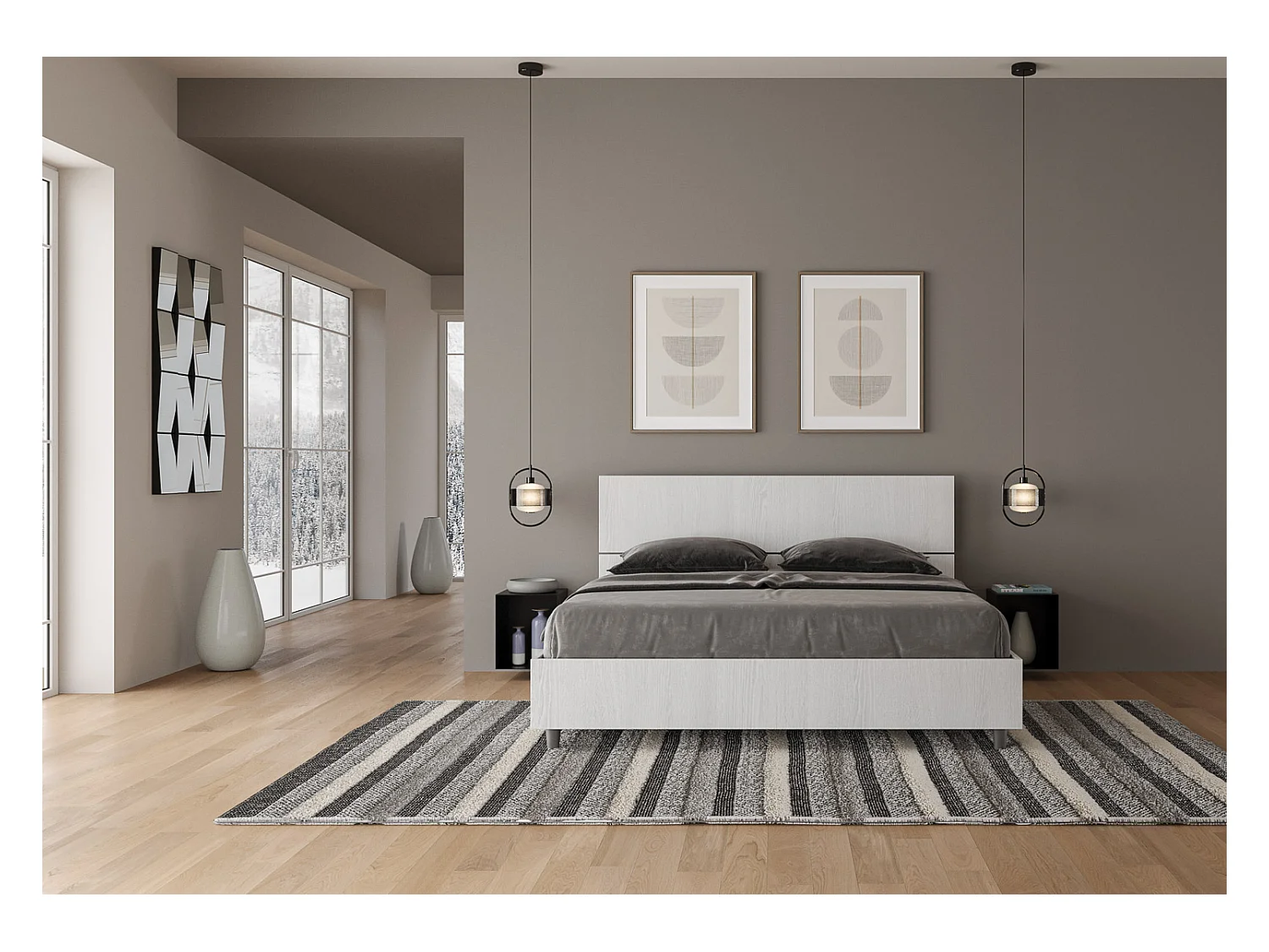 Demas 160x190 tweepersoonsbed met opbergruimte en recht hoofdeinde, wit essen