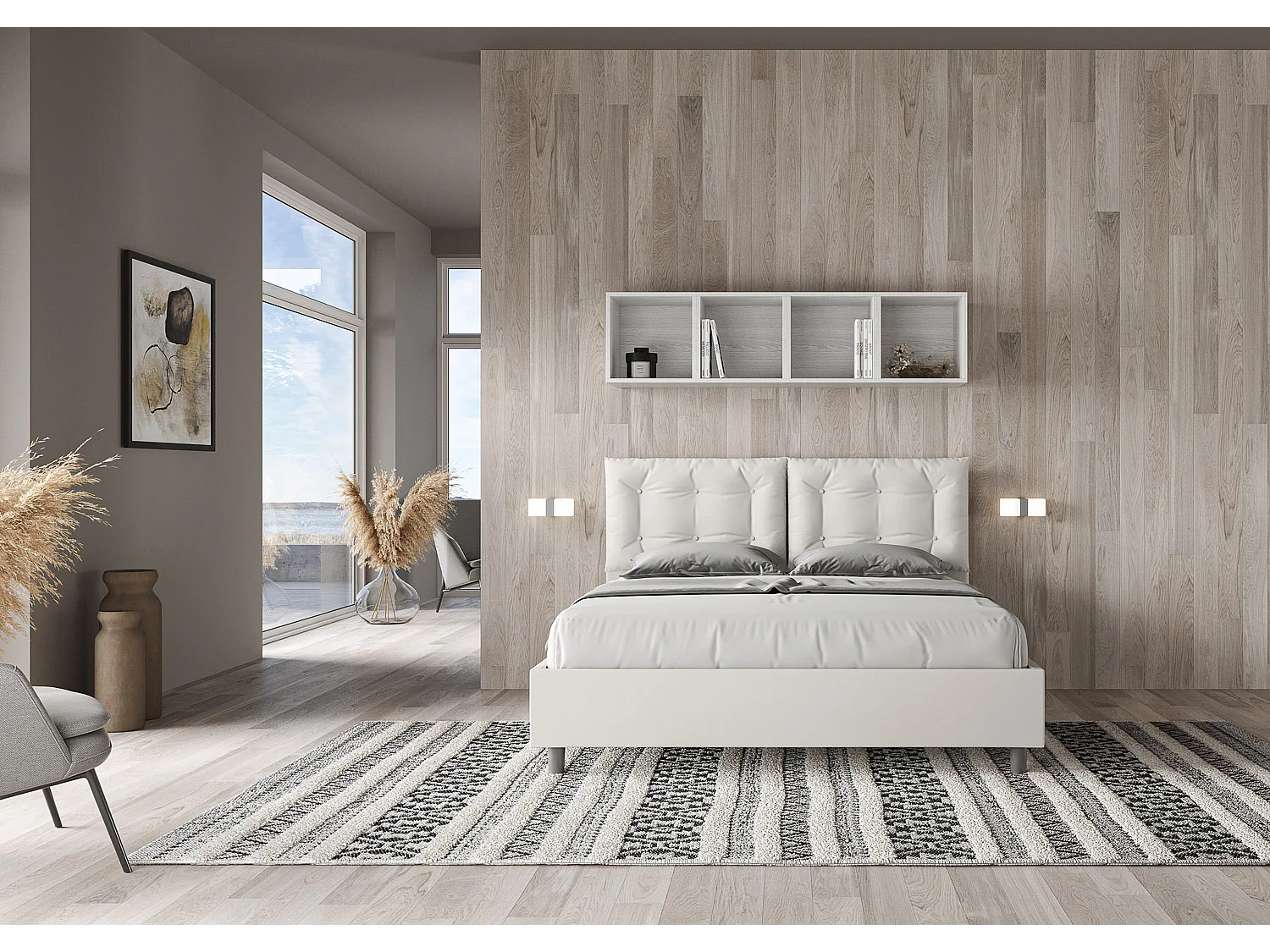 Lit coffre rembourré double relevable simili cuir blanc Annalisa 160x190