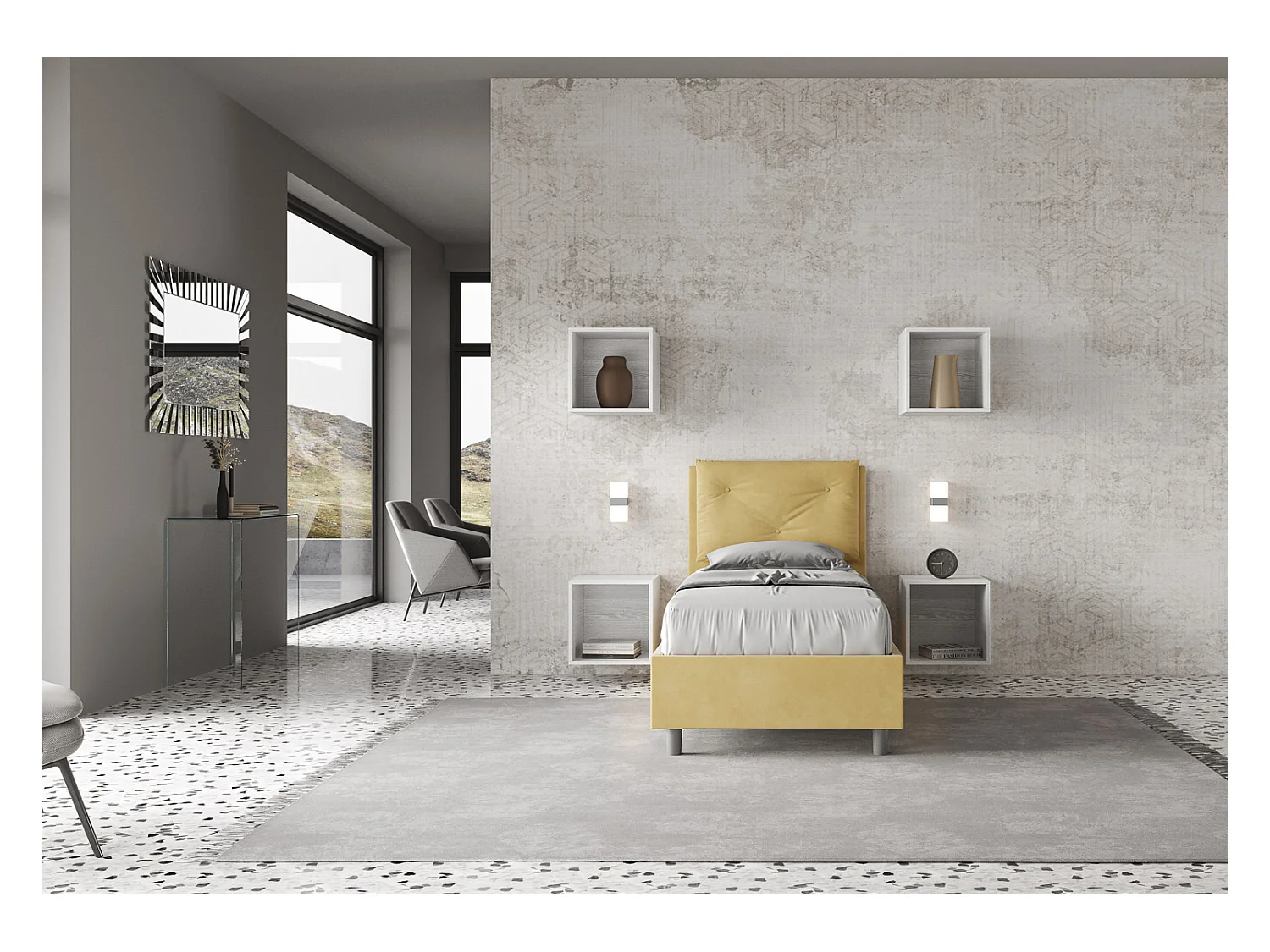 Lit coffre rembourré 90x210 en microfibre ocre Appia