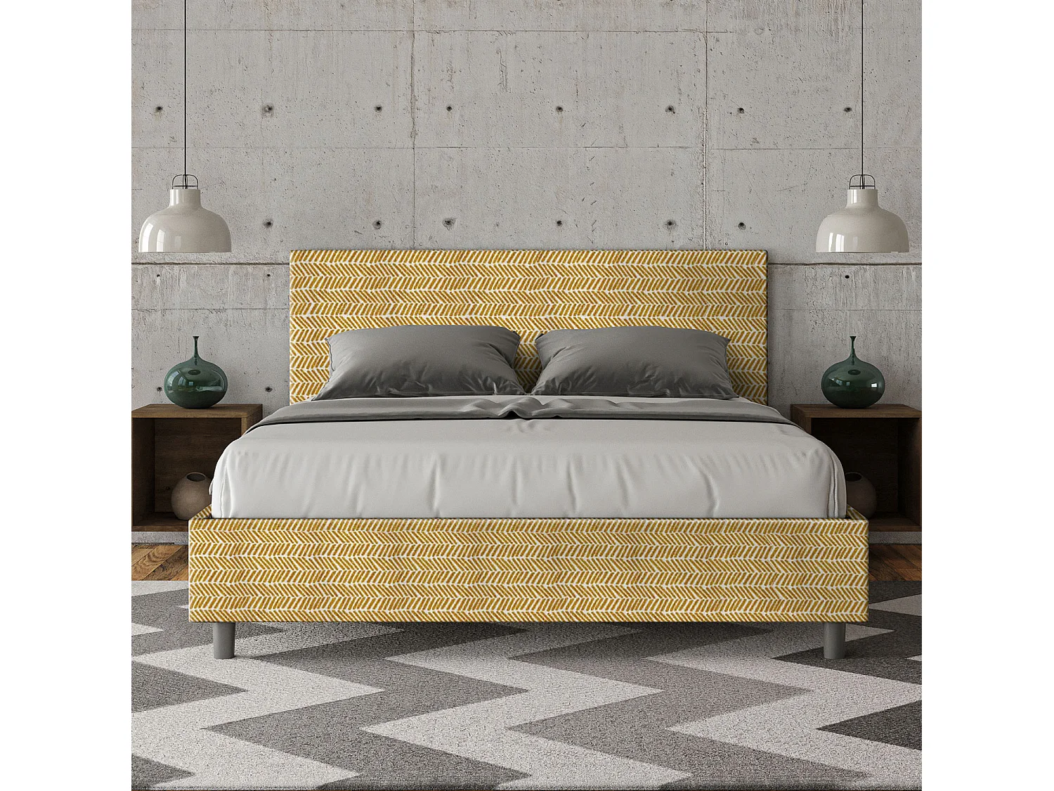 Cama dupla estofada com arrumação 160x200 tecido Aragona 3 amarelo Adele