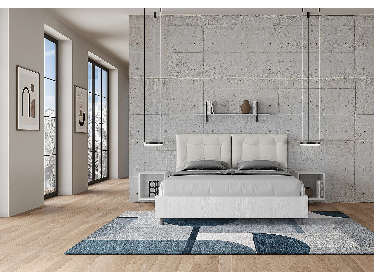 Doppelbett mit Stauraum, Doppellift, 160x200 cm, weißes Eschenholz, weiße Kunstlederkissen, Egos Annalisa