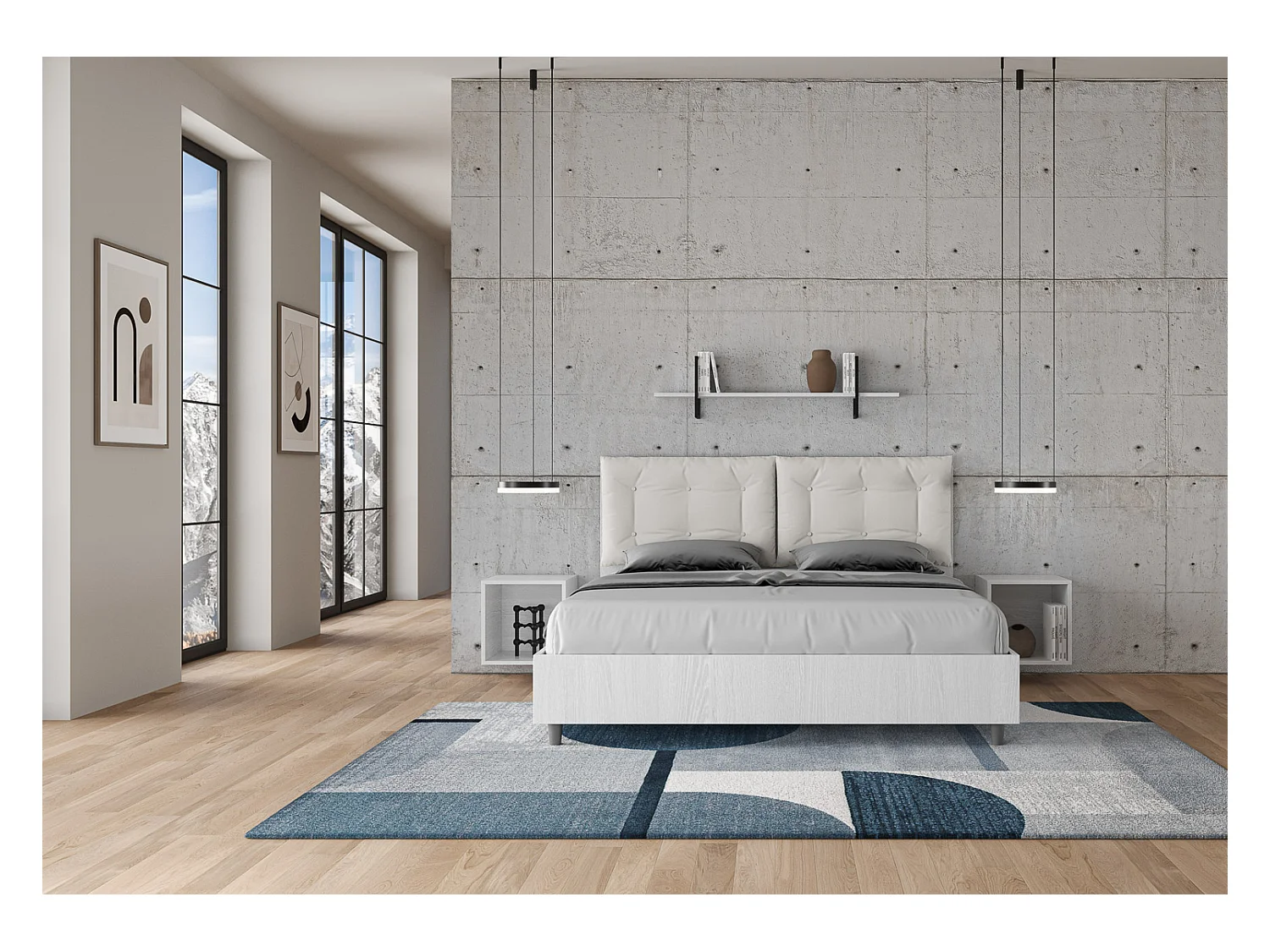 Lit double avec rangement, double relevable, 160x200 cm, bois de frêne blanc, coussins en simili cuir blanc, Egos Annalisa