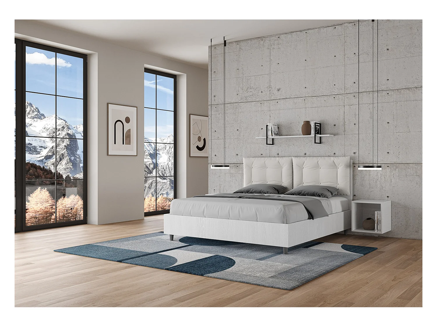 Lit double avec rangement, double relevable, 160x200 cm, bois de frêne blanc, coussins en simili cuir blanc, Egos Annalisa