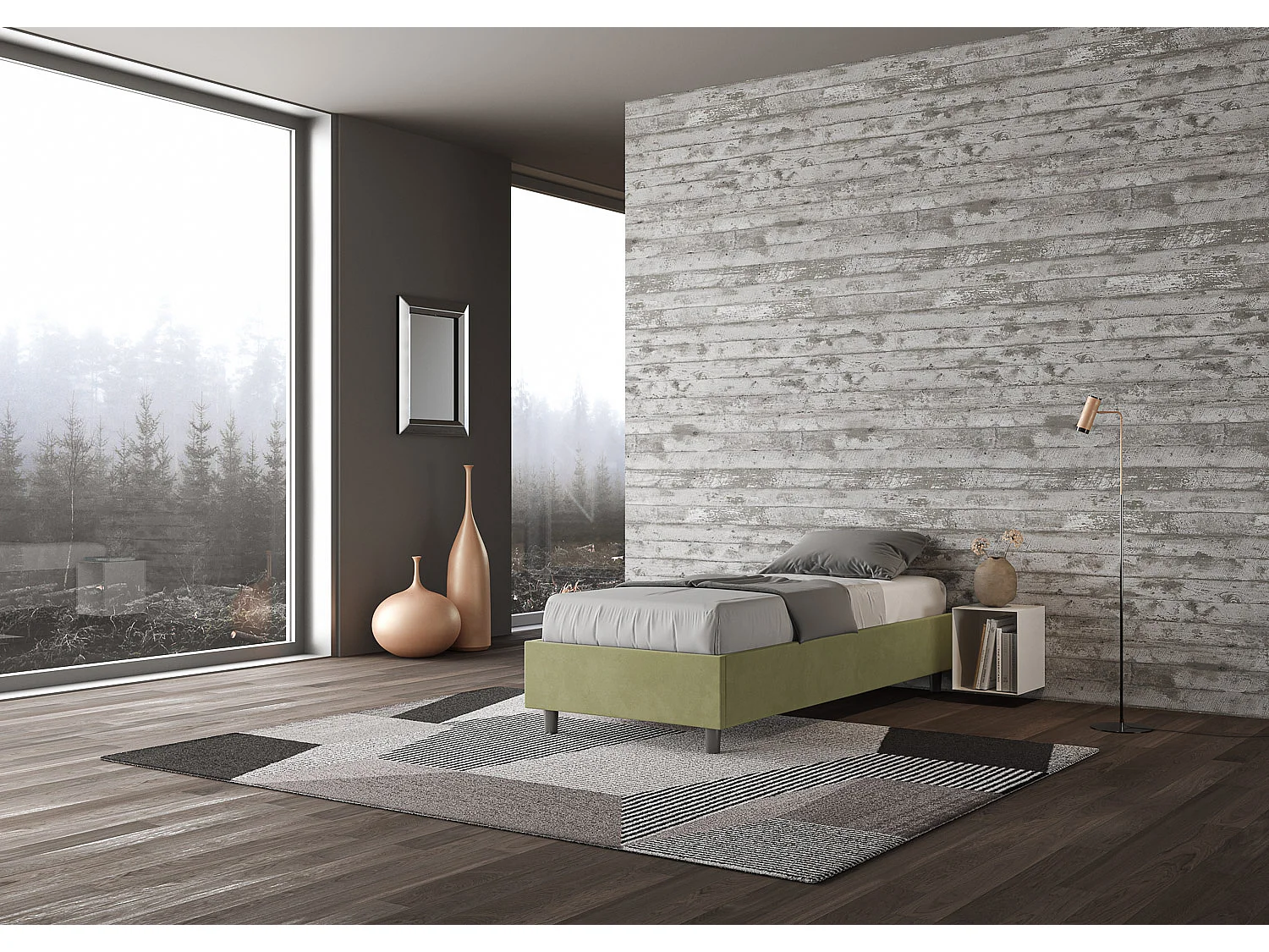 Letto Sommier contenitore imbottito 80x190 microfibra tè verde Azelia
