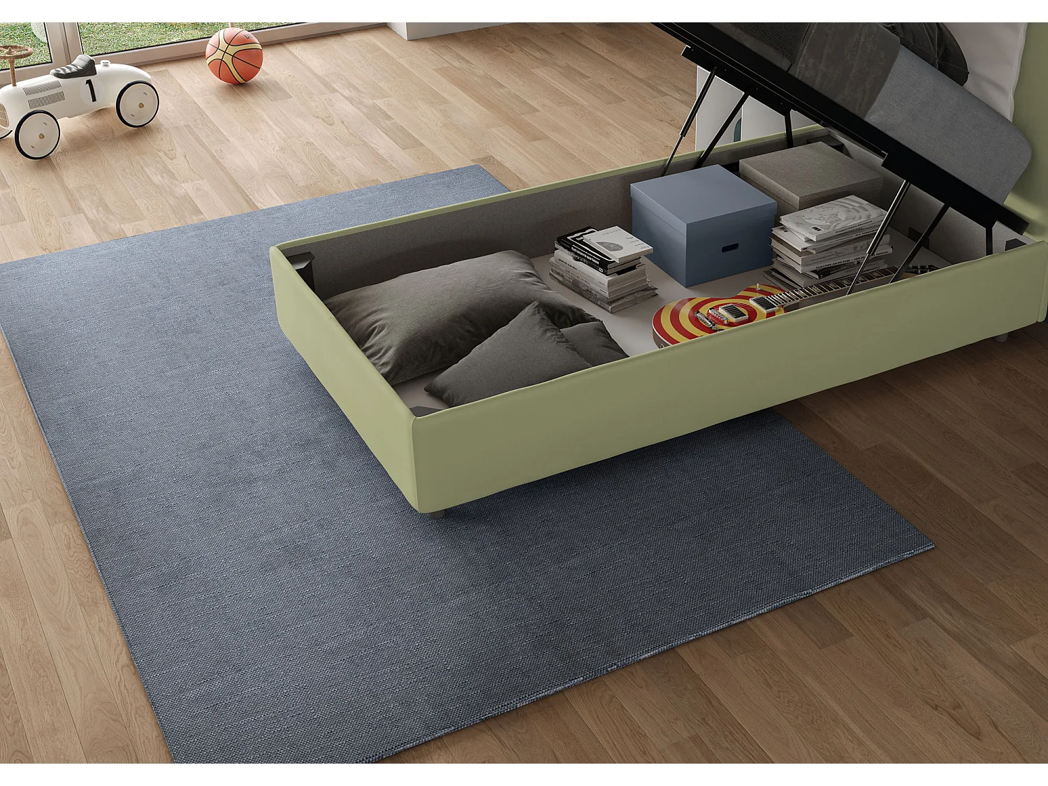 Letto Sommier contenitore imbottito 80x190 microfibra tè verde Azelia