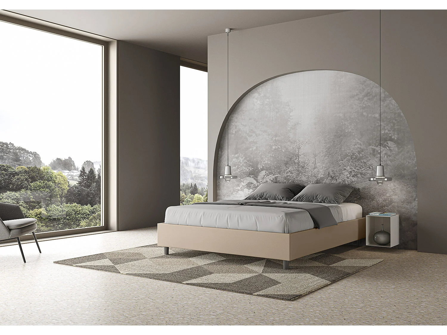 Lit coffre double relevable capitonné simili cuir tourterelle Azelia 160x190