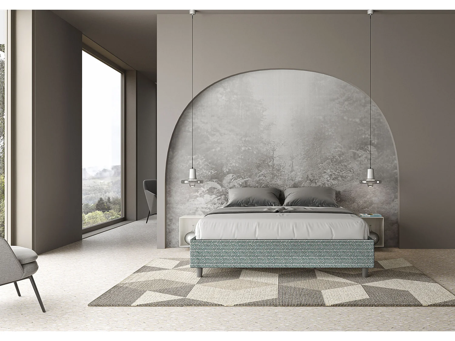 Cama dupla estofada com arrumação 160x210 Aragona 7 Azelia tecido azul claro