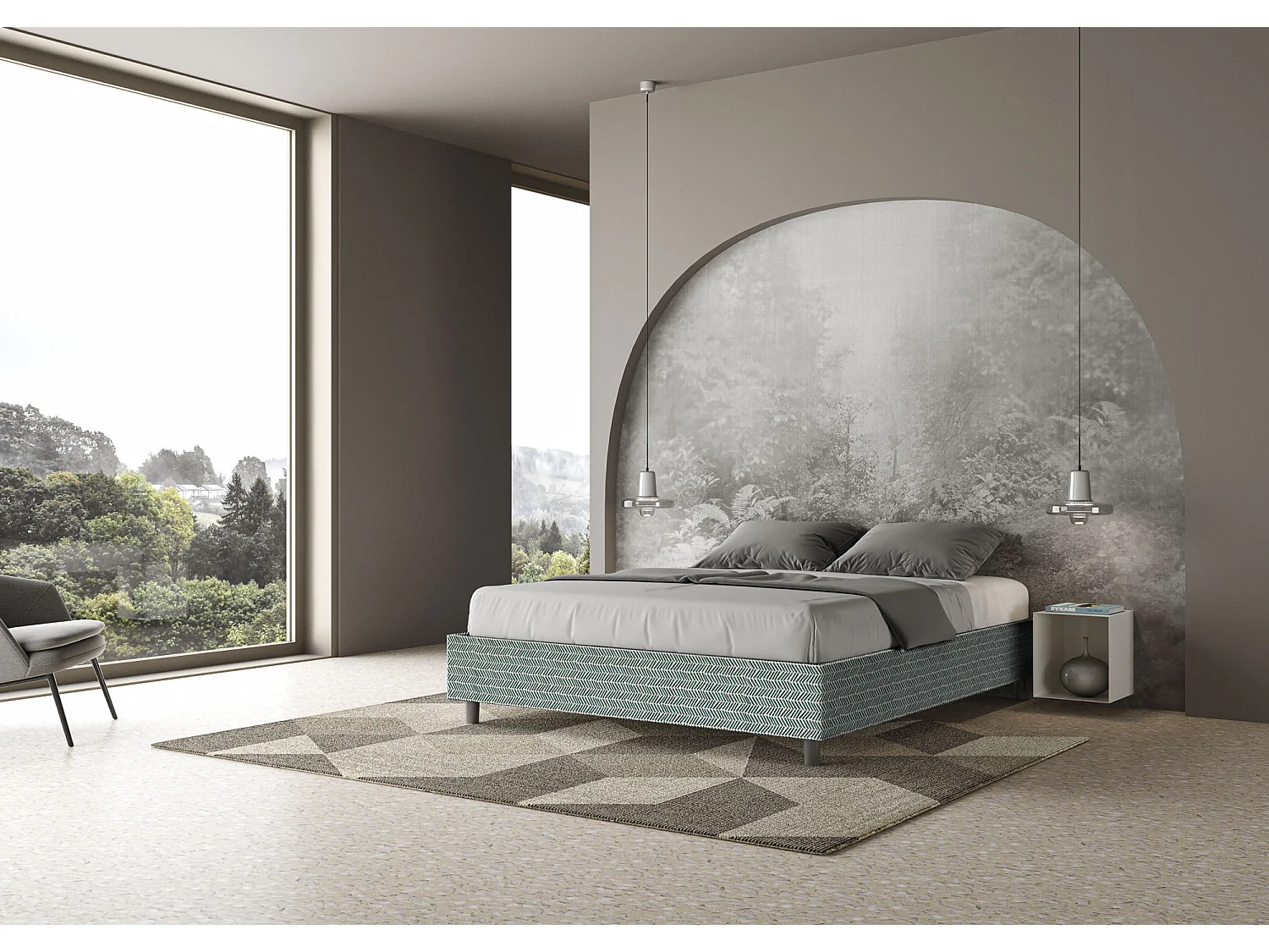 Cama dupla estofada com arrumação 160x210 Aragona 7 Azelia tecido azul claro