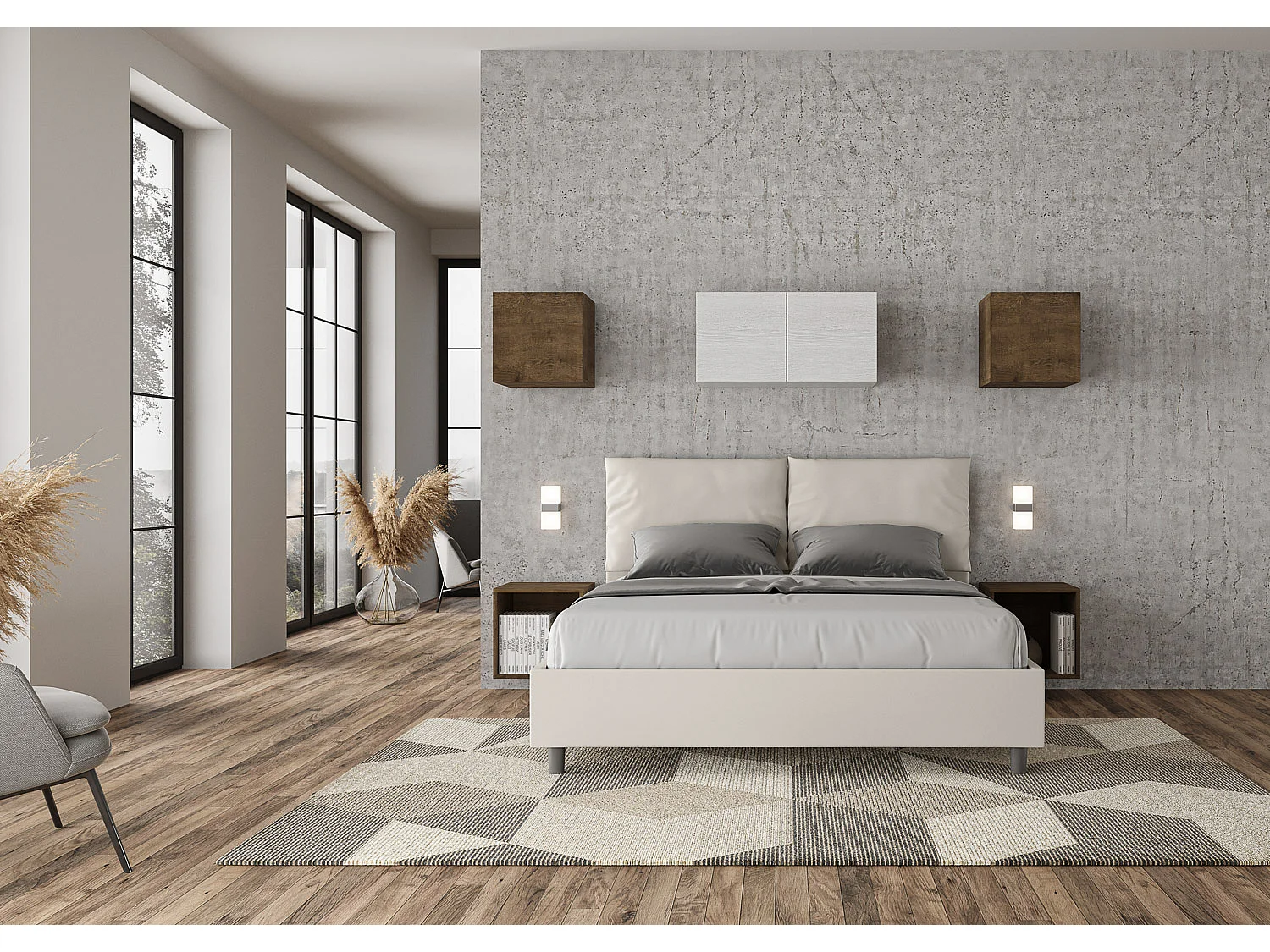 Lit coffre double surélevé Antea capitonné blanc 160x190