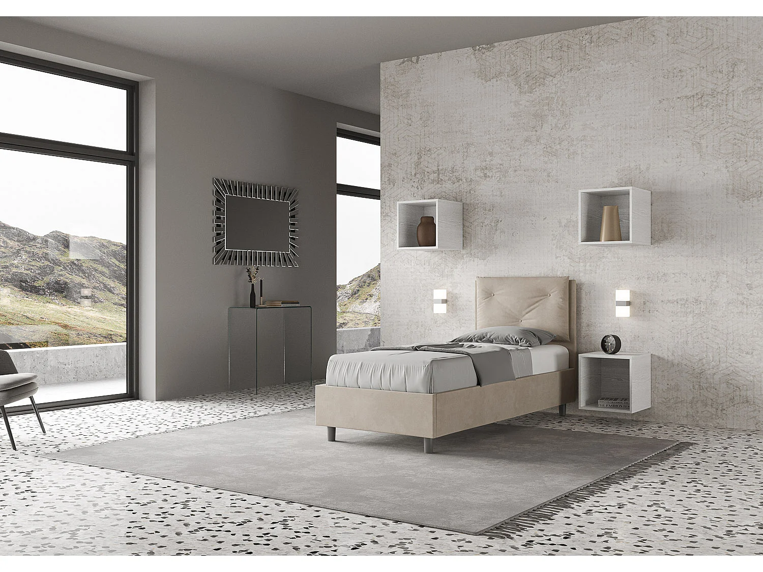 Lit avec sommier rembourré 80x200 microfibre sable Appien