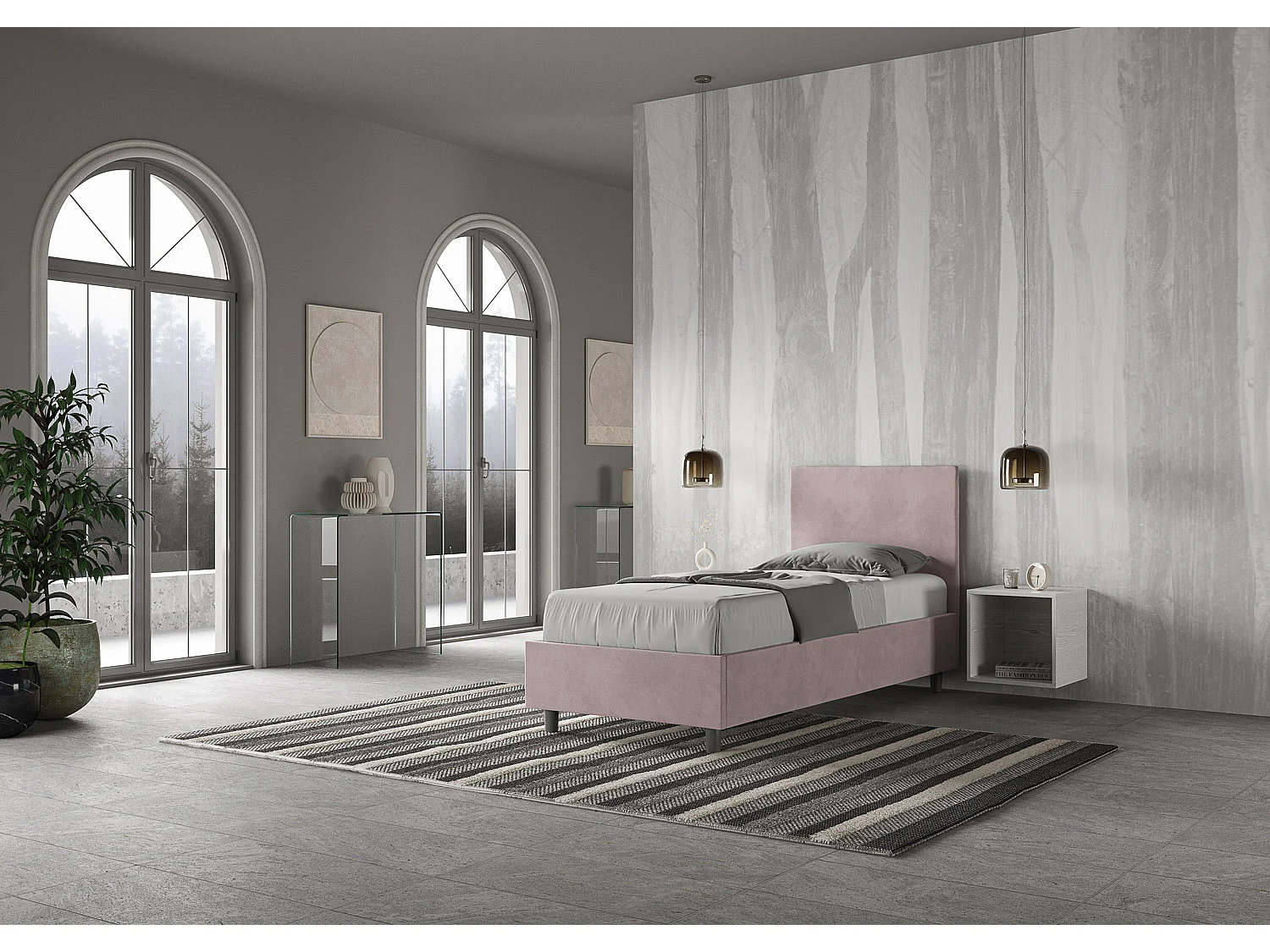 Cama Adele com base acolchoada em microfibra de glicínias 80x200