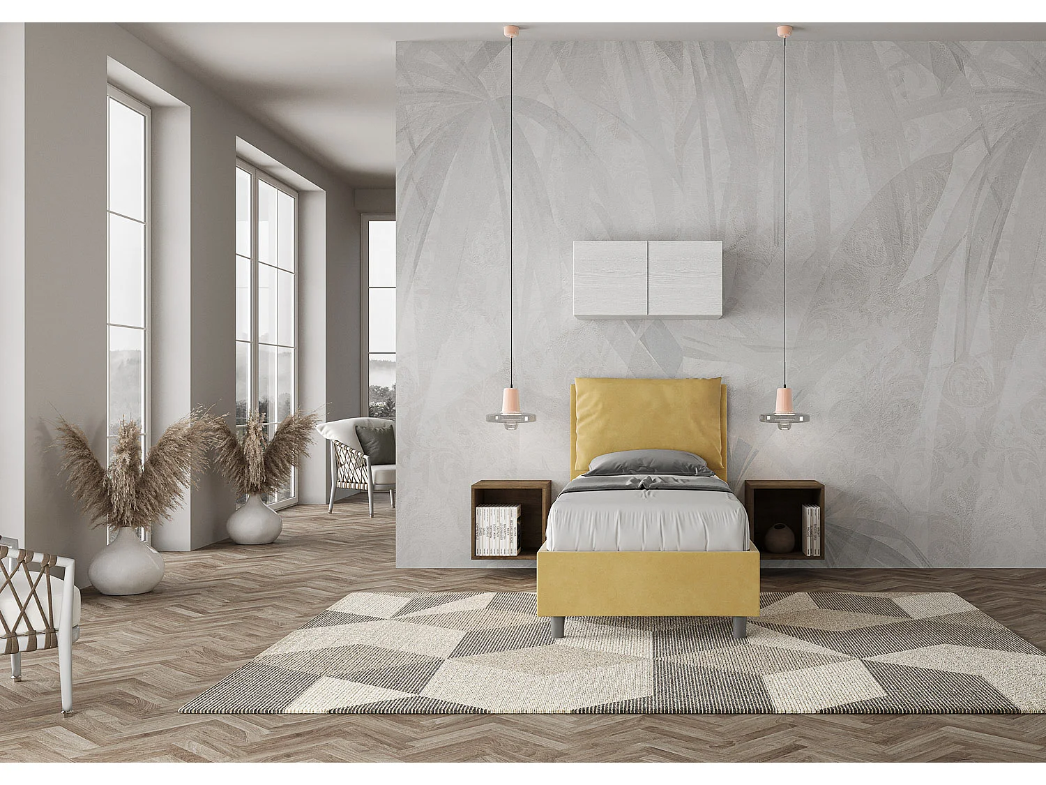 Lit Antea avec sommier rembourré 80x190 en microfibre ocre