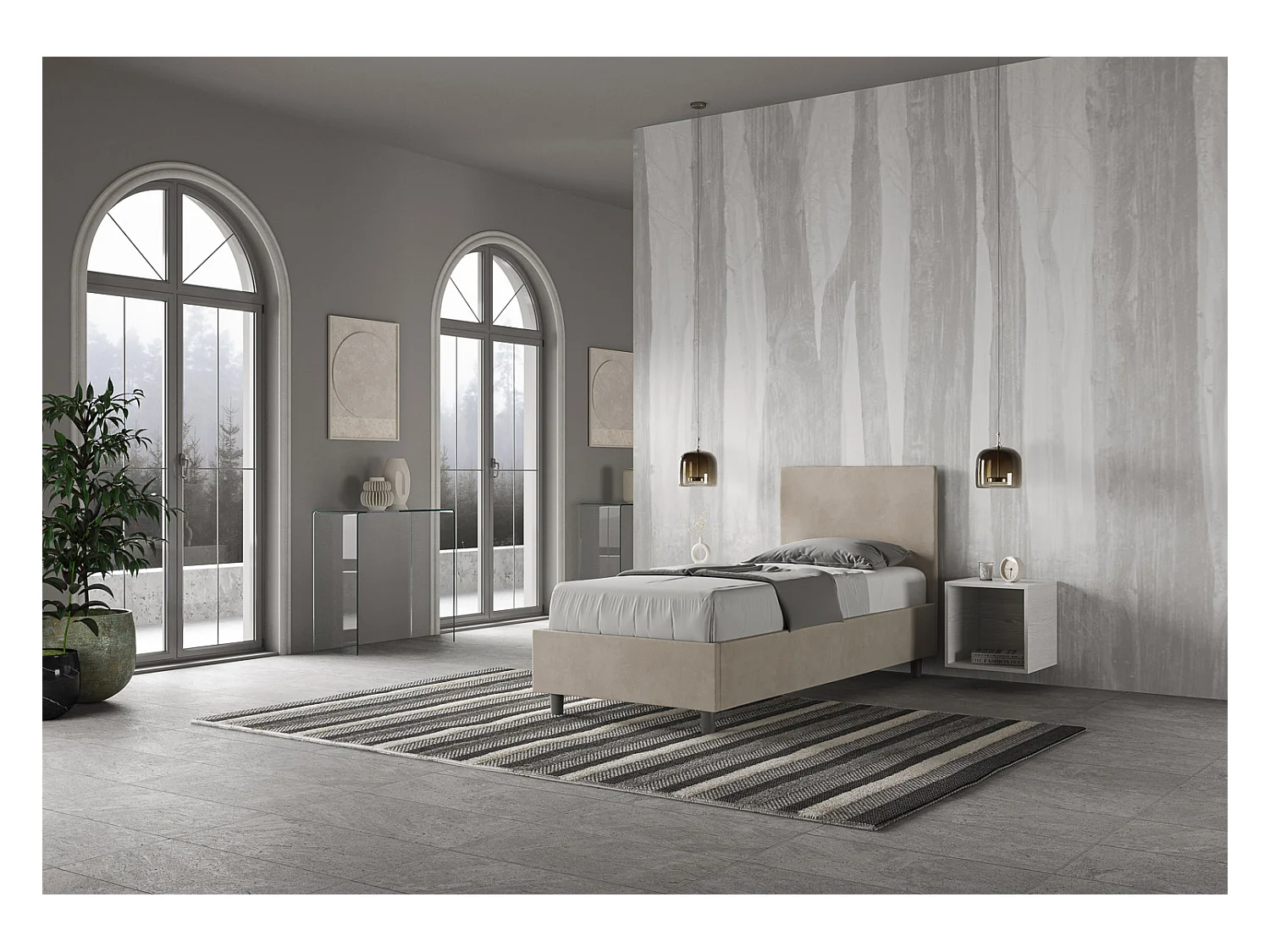 Cama Adele microfibra arena con somier acolchado 80x190