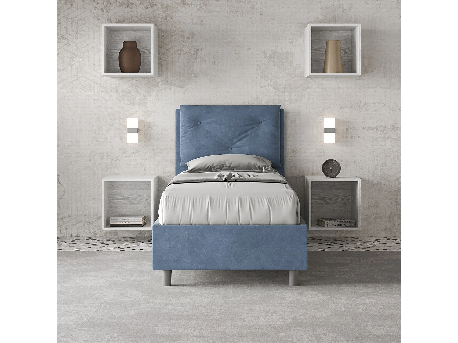 Cama de microfibra azul Appia con somier acolchado 90x200