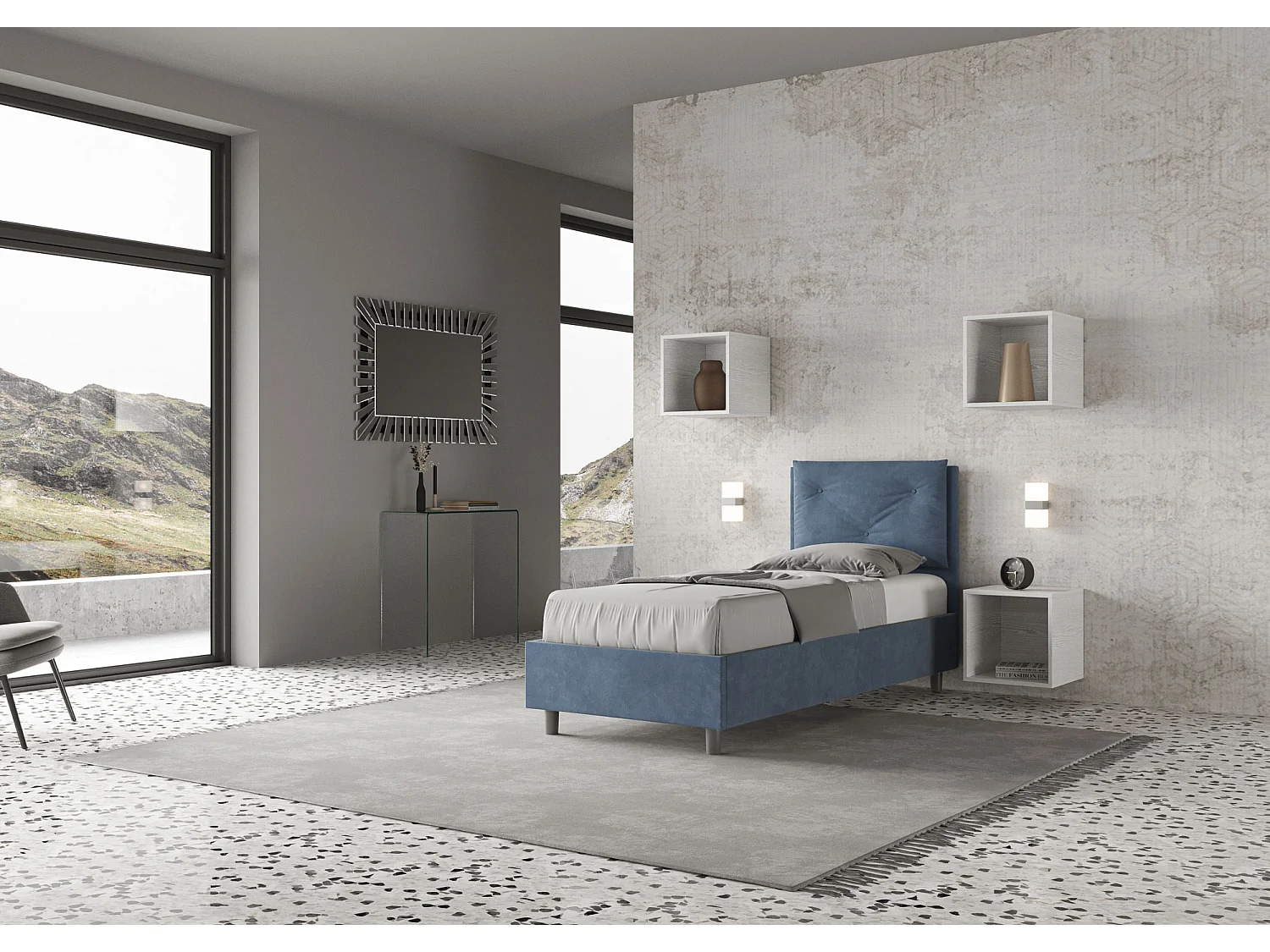 Lit microfibre bleu Appia avec sommier rembourré 90x200