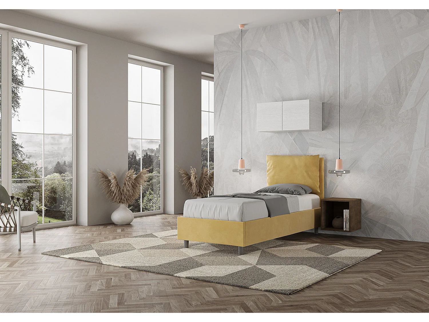 Letto con rete imbottito 80x200 microfibra ocra Antea