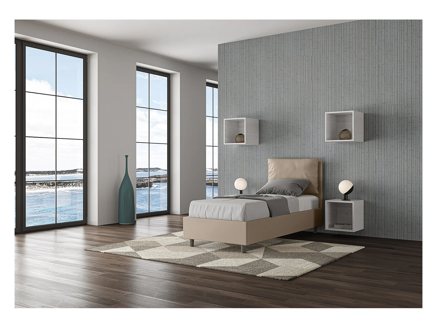 Lit en simili cuir gris tourterelle Antea avec sommier rembourré 80x210