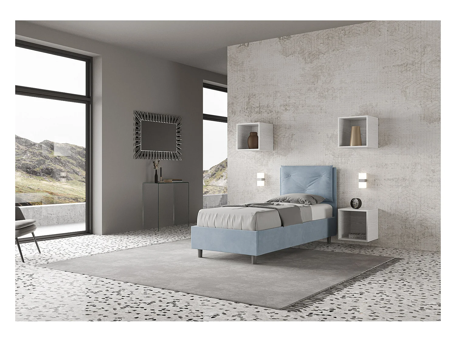 Lit rembourré en microfibre bleu clair Appia sans sommier 90x200