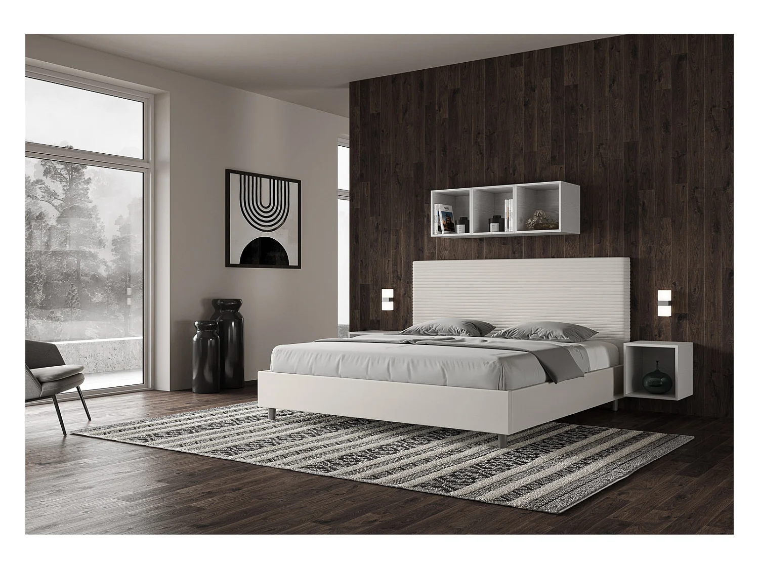 Cama Focus 190x190 con base y contenedor blanco