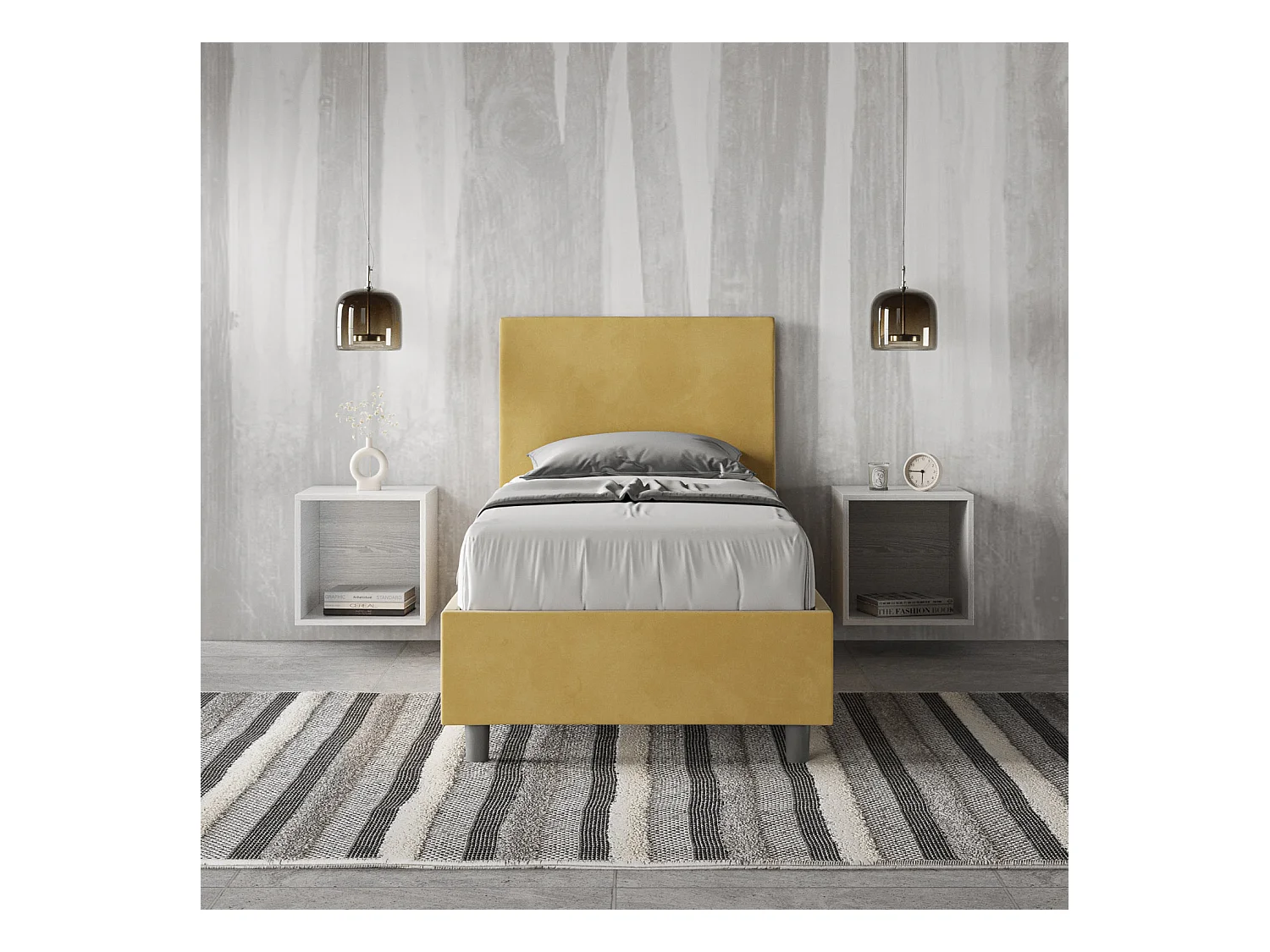 Lit Adèle avec sommier capitonné 80x190 en microfibre ocre