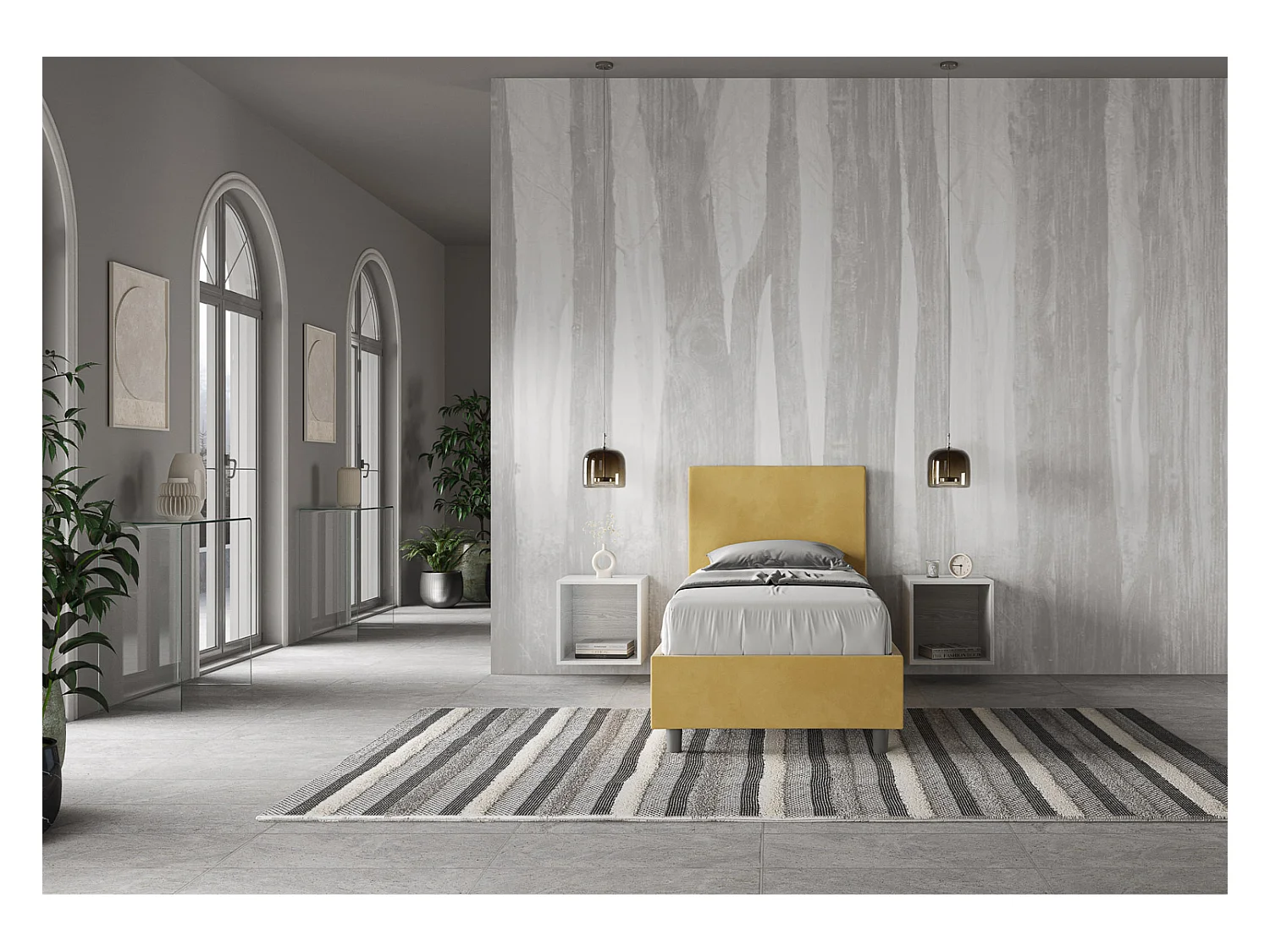 Lit Adèle avec sommier capitonné 80x190 en microfibre ocre