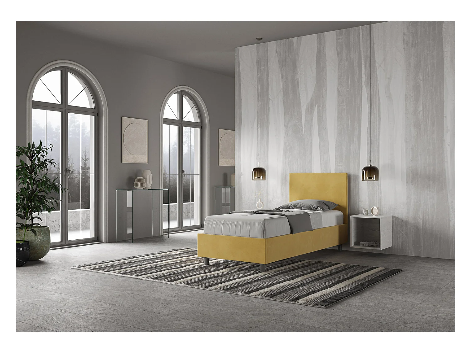 Lit Adèle avec sommier capitonné 80x190 en microfibre ocre