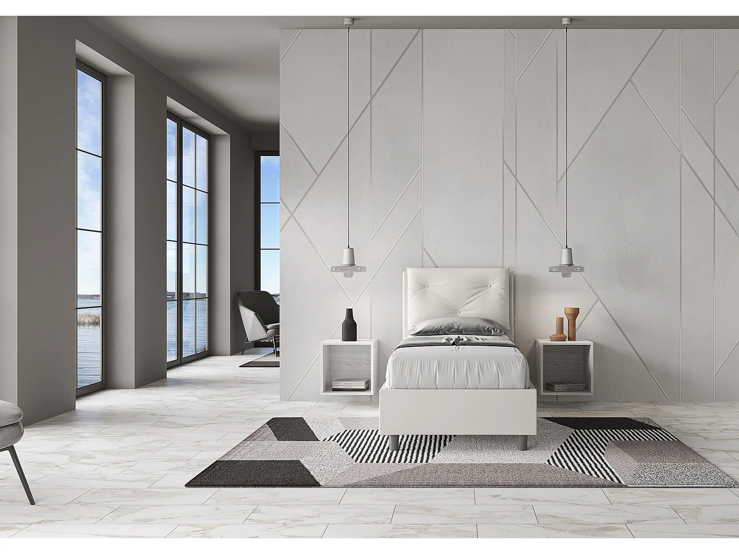 Letto con rete imbottito 80x200 similpelle bianco Appia