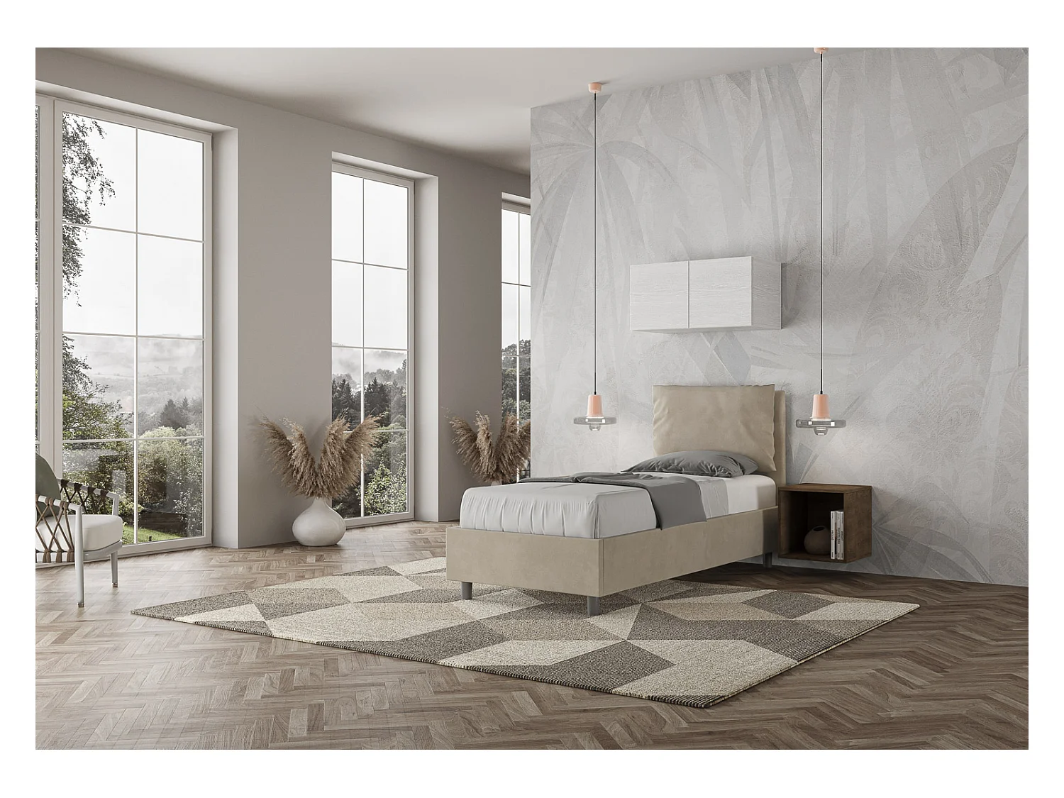 Cama Antea sin somier acolchado 80x190 en microfibra arena