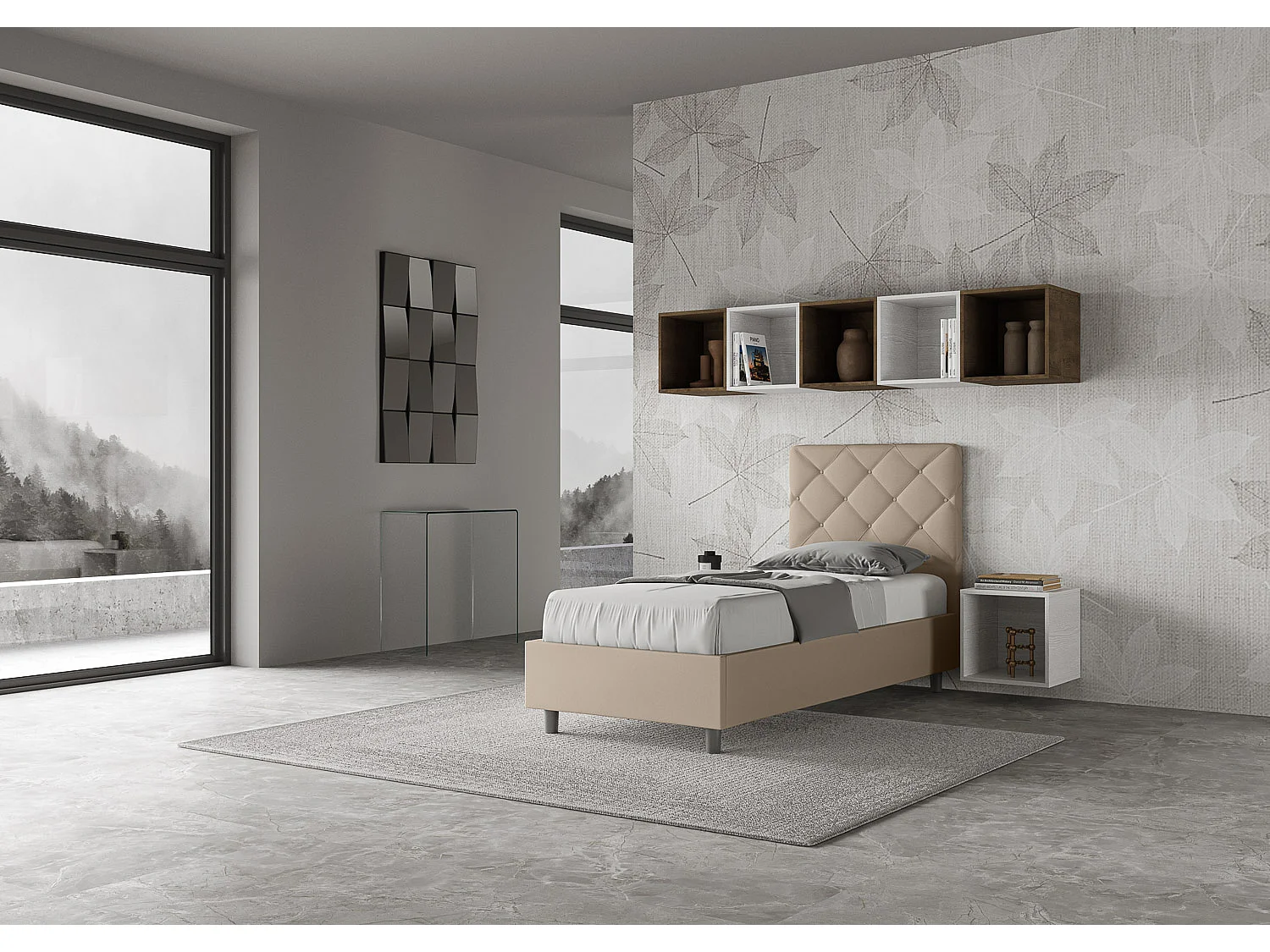 Lit rembourré en simili cuir gris tourterelle Priya sans sommier 80x200