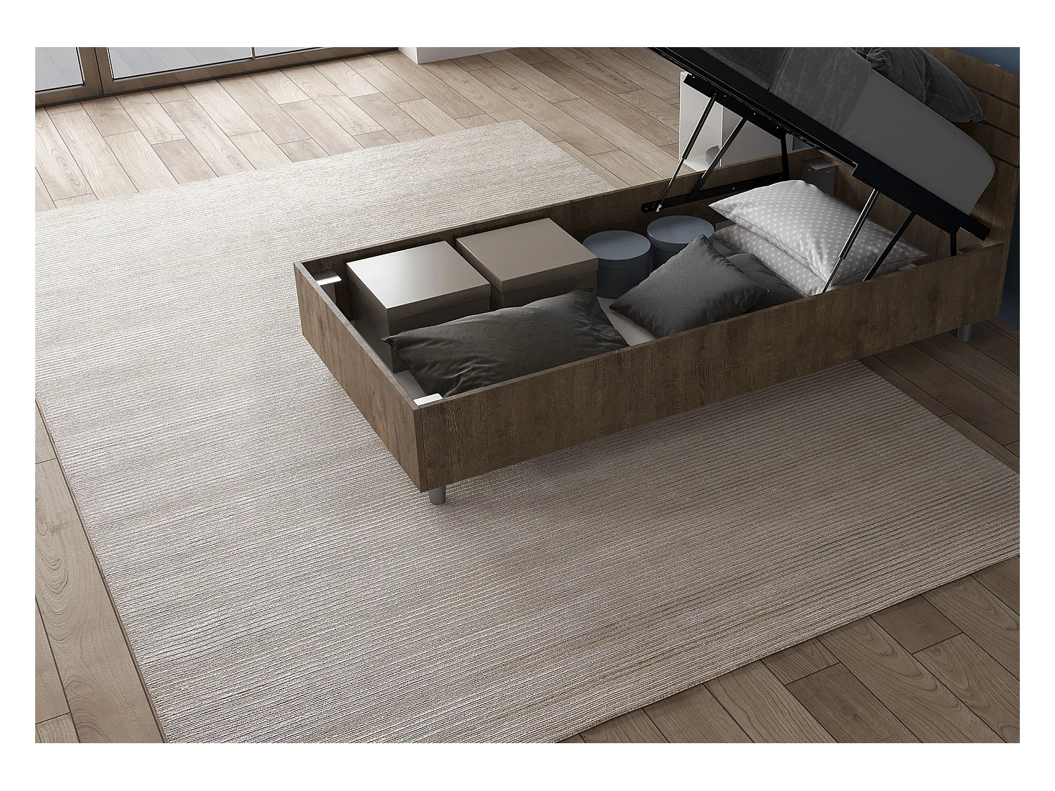 Cama com estrado 80x190, cabeceira reta com ripas de nogueira Ankel