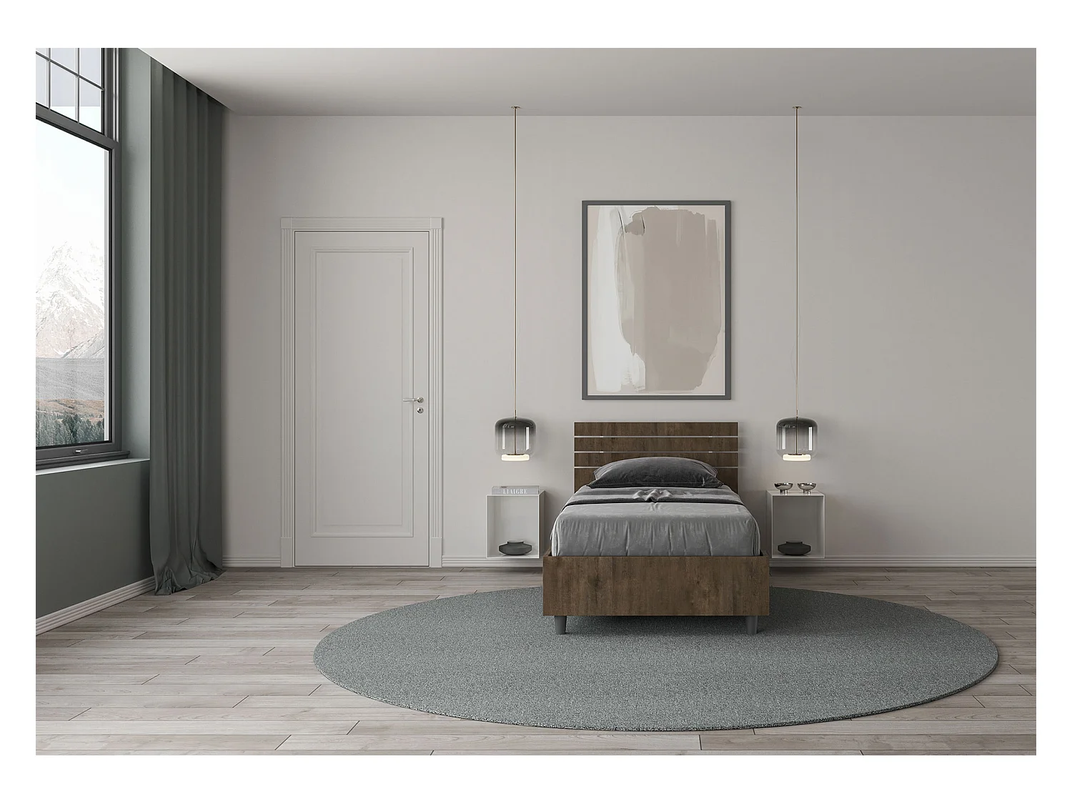 Cama com estrado 80x190, cabeceira reta com ripas de nogueira Ankel