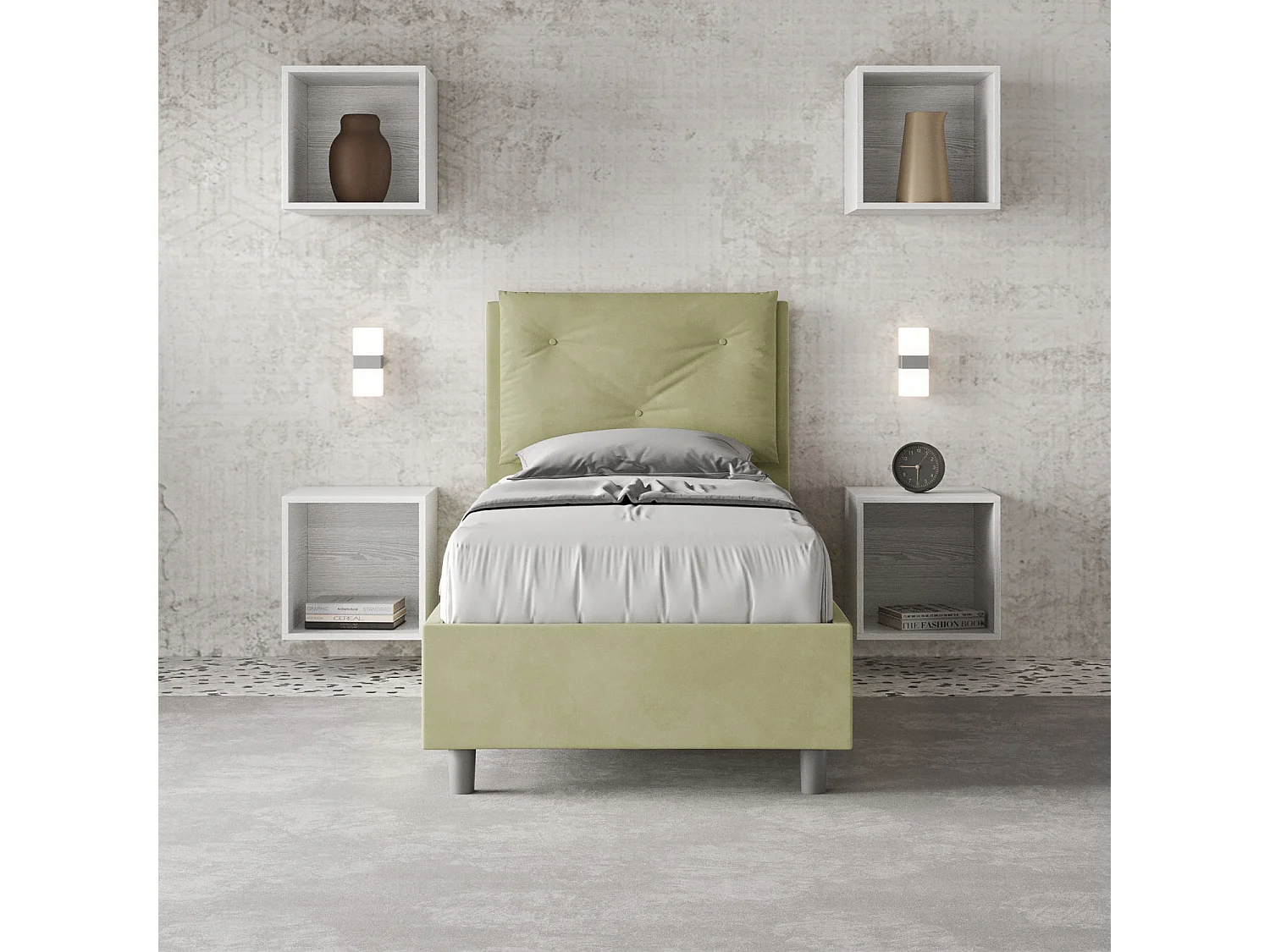 Letto senza rete imbottito 80x200 microfibra tè verde Appia