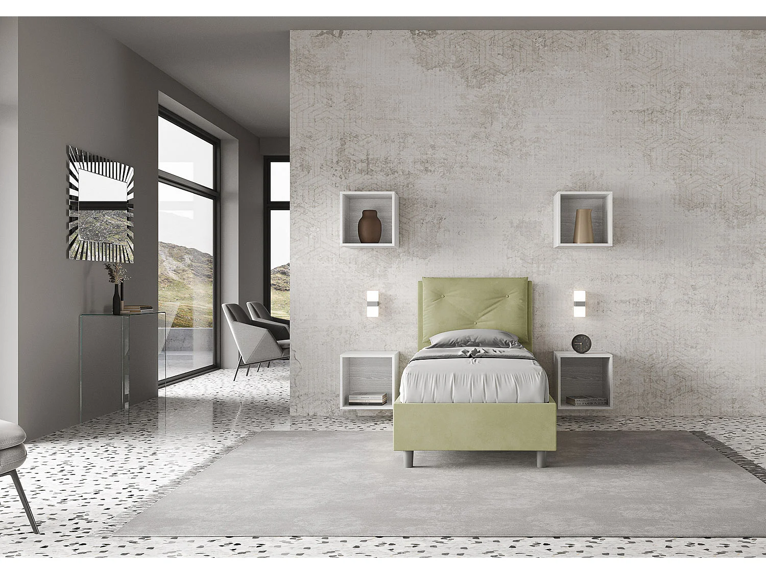 Letto senza rete imbottito 80x200 microfibra tè verde Appia