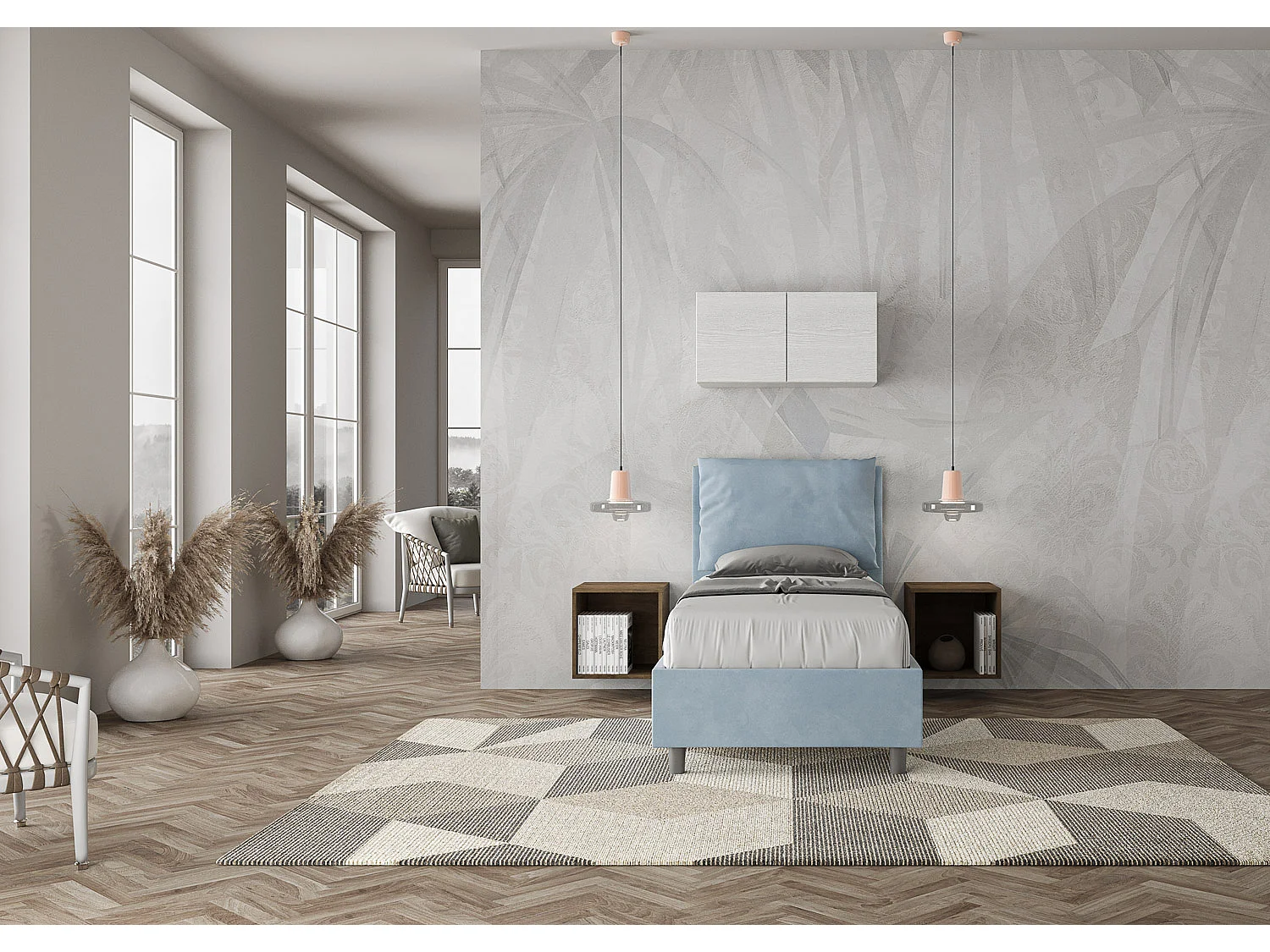 Letto con rete imbottito 80x210 microfibra azzurro Antea