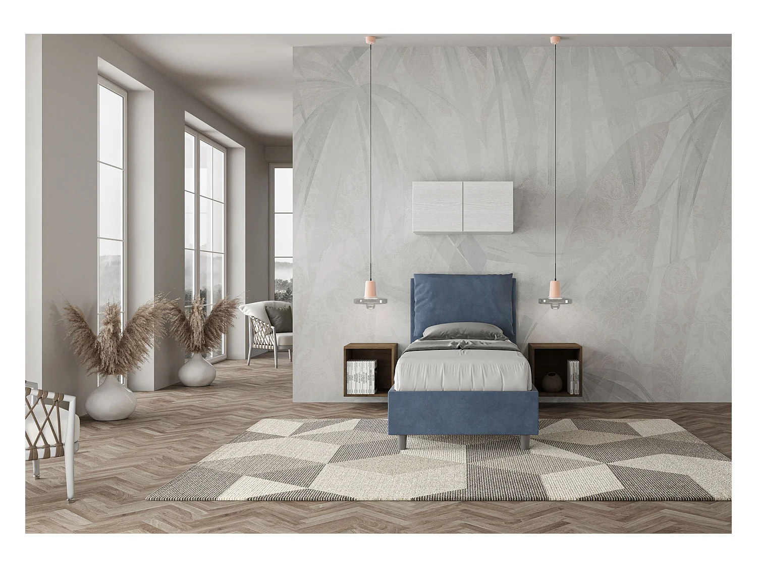 Letto con rete imbottito 90x210 microfibra blu Antea