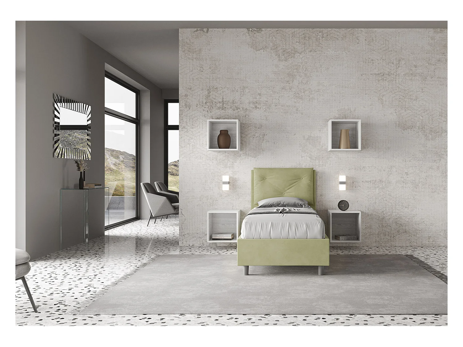 Letto con rete imbottito 90x200 microfibra tè verde Appia