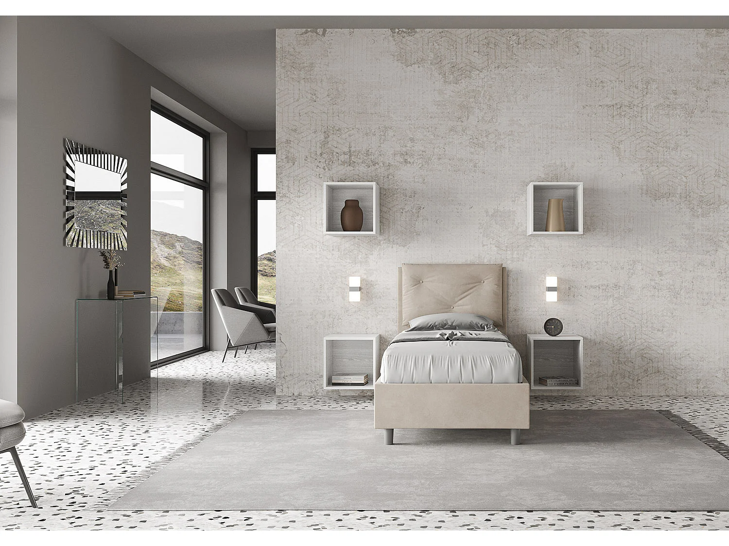 Letto senza rete imbottito 90x200 microfibra sabbia Appia