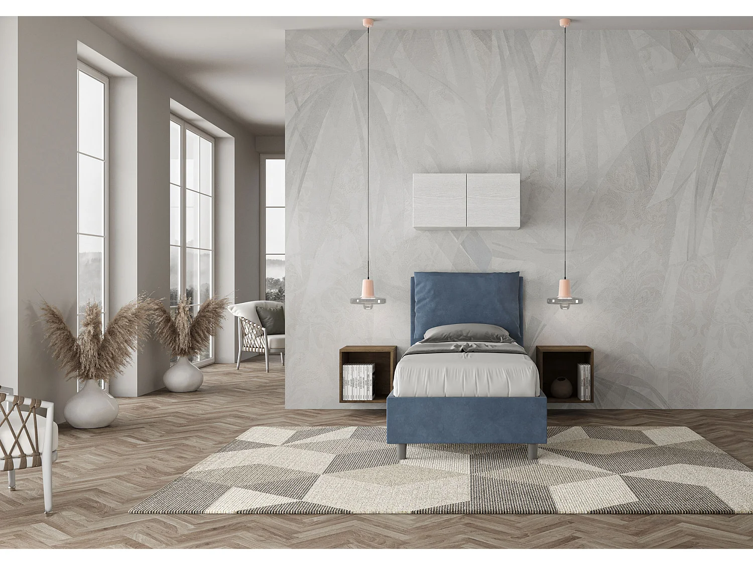 Letto senza rete imbottito 80x190 microfibra blu Antea