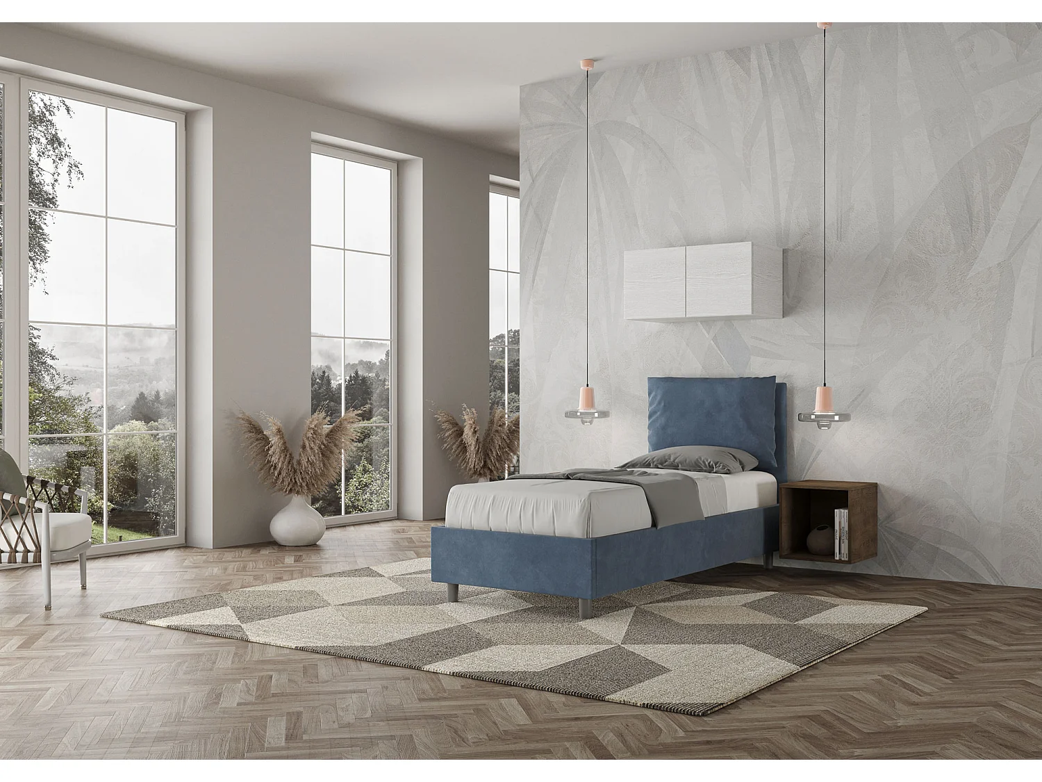 Letto senza rete imbottito 80x190 microfibra blu Antea