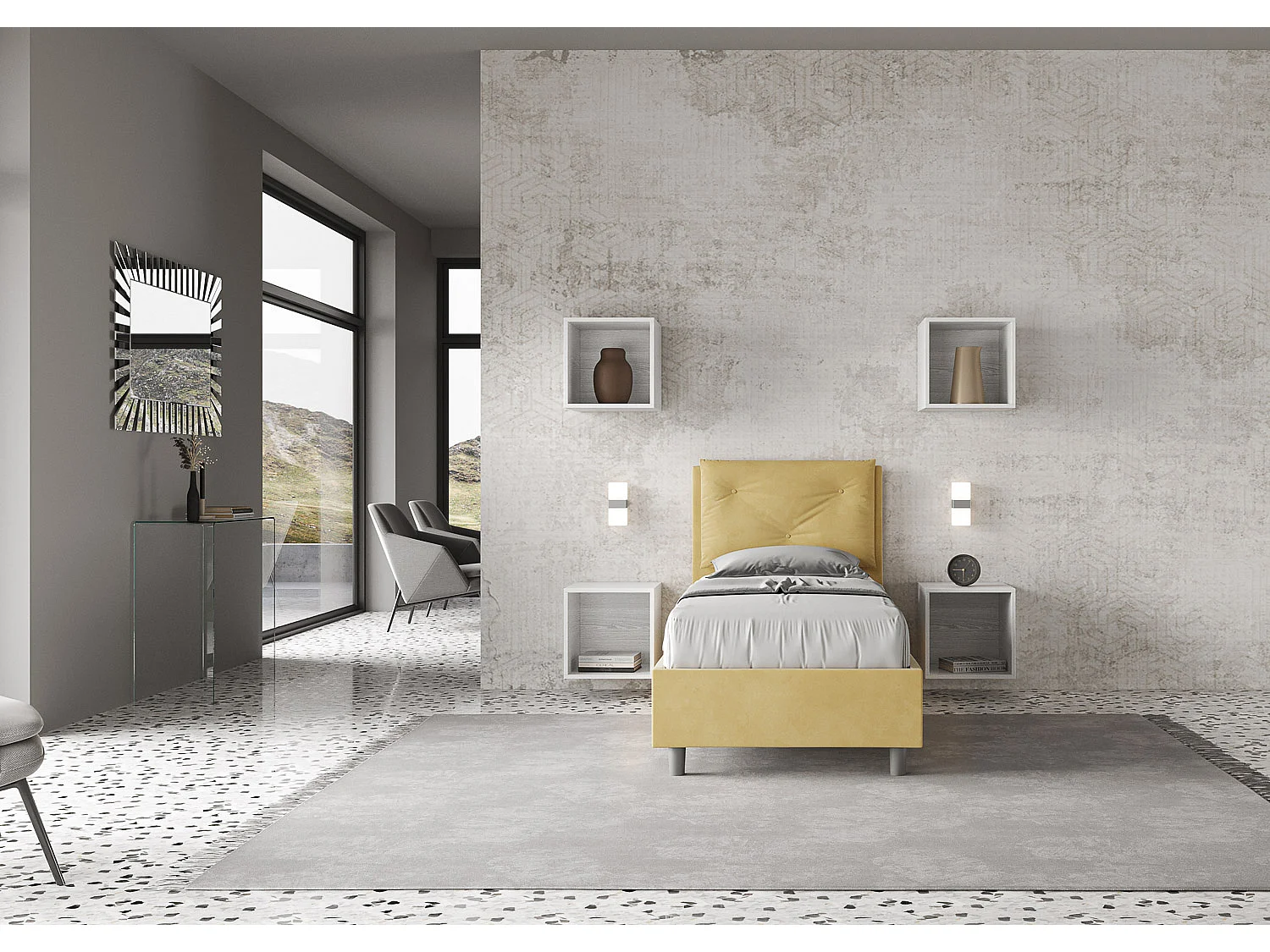 Letto senza rete imbottito 90x200 microfibra ocra Appia