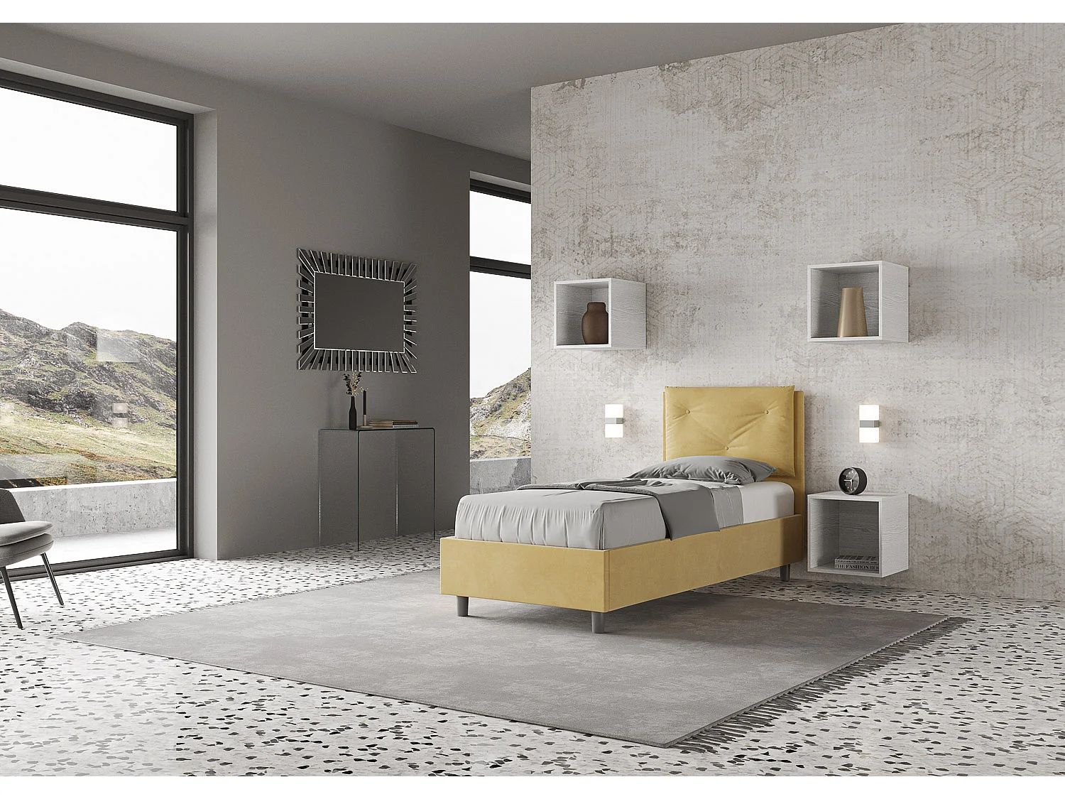 Letto senza rete imbottito 90x200 microfibra ocra Appia