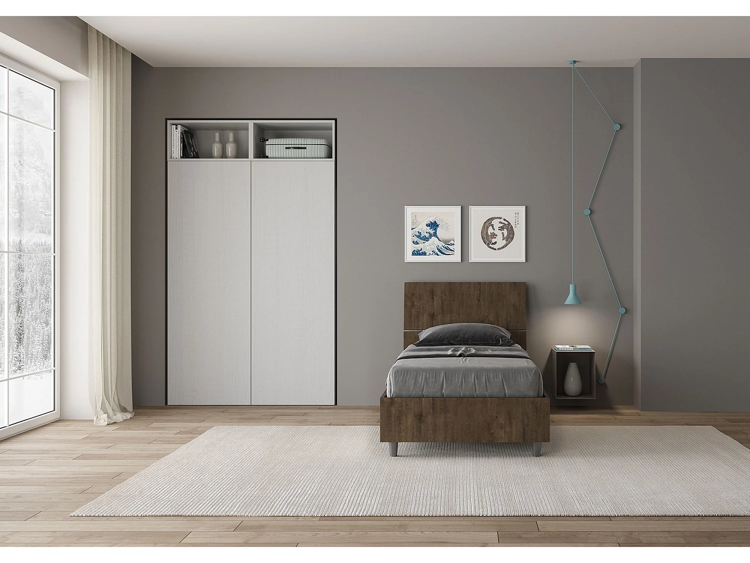 Lit avec sommier 80x190, tête de lit droite en noyer Demas