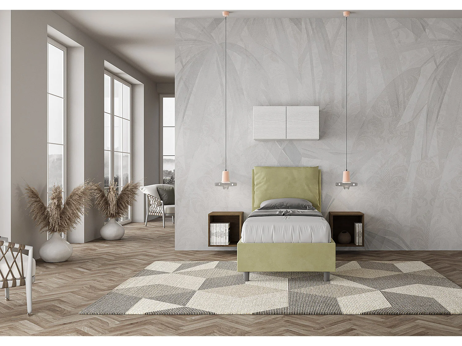 Letto senza rete imbottito 80x190 microfibra tè verde Antea