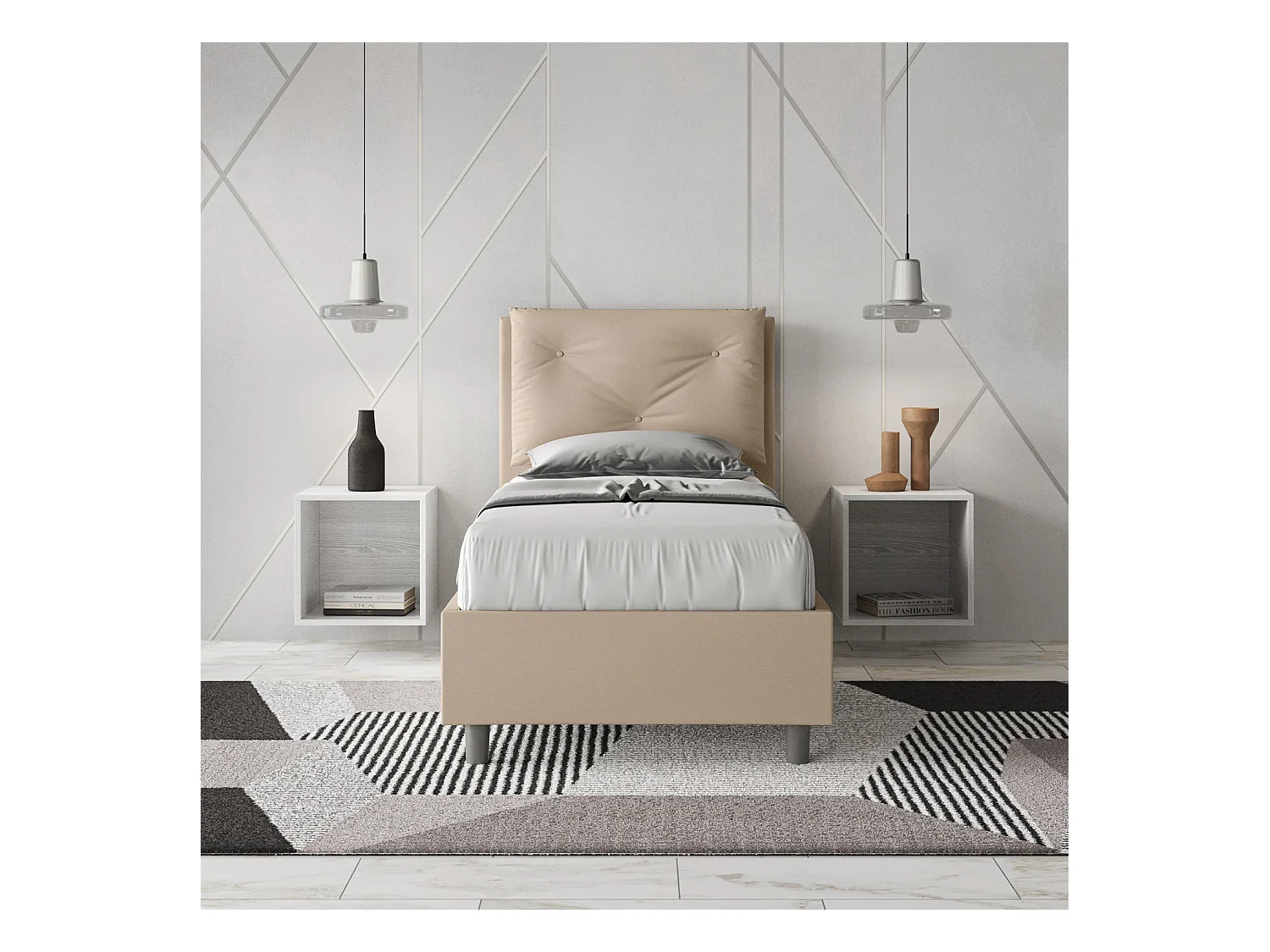 Lit rembourré en simili cuir gris tourterelle Appia sans sommier 80x210