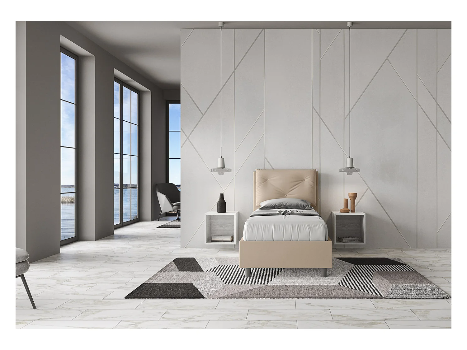 Lit rembourré en simili cuir gris tourterelle Appia sans sommier 80x210